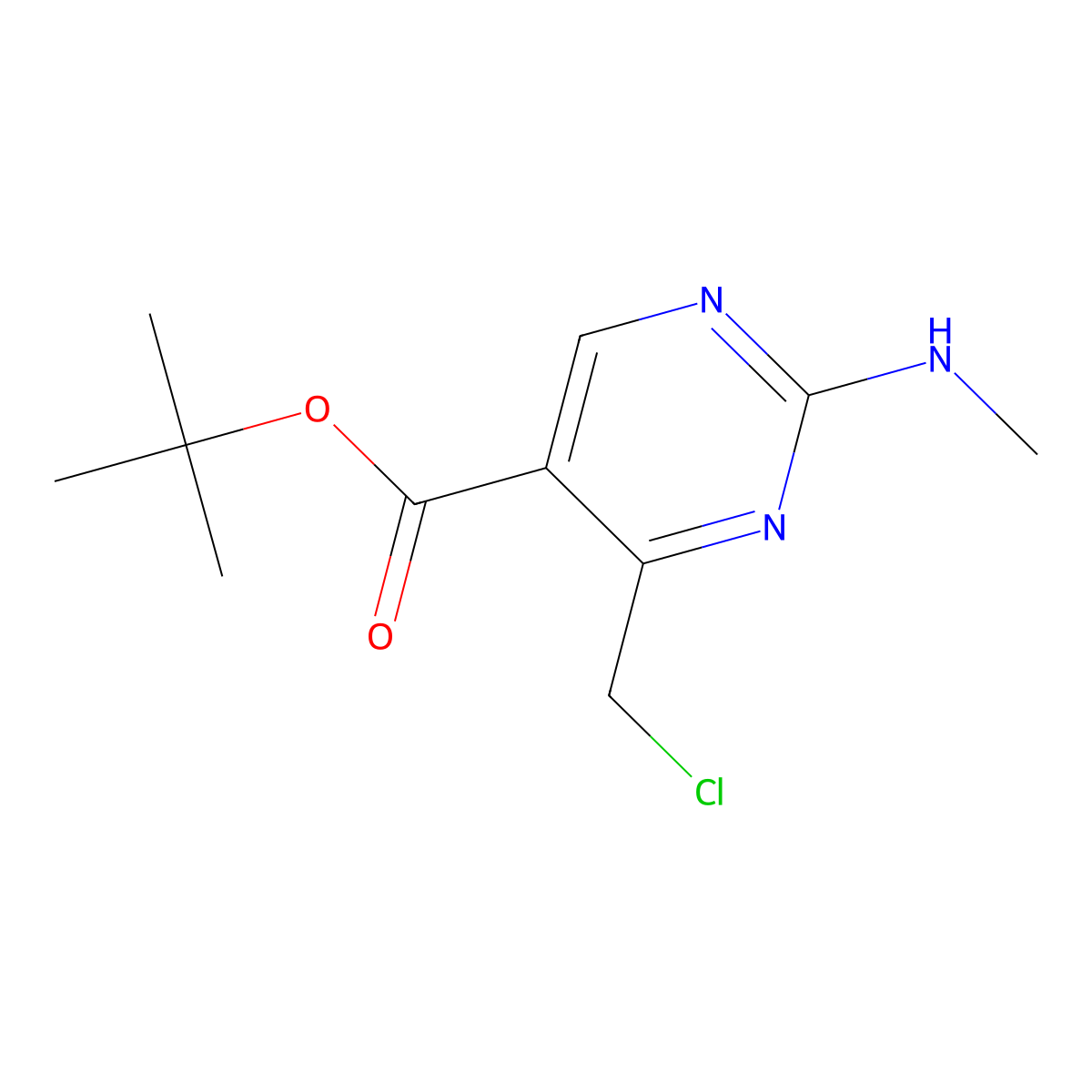 Tert-butyl 4-(chloromethyl)-2-(methylamino)pyrimidine-5-carboxylate molecular structure, CAS 2639440-26-7