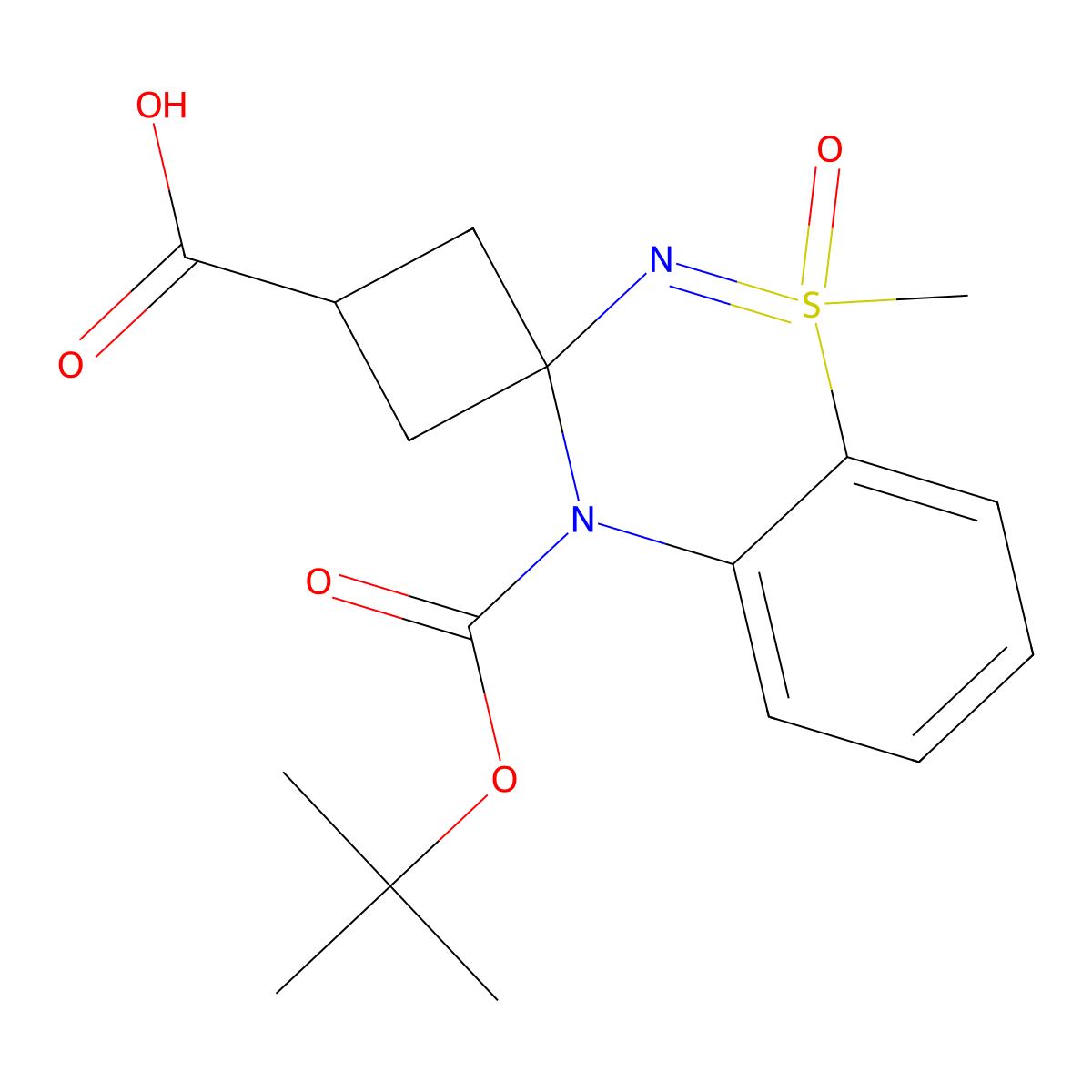 4-[(tert-butoxy)carbonyl]-1-methyl-1-oxo-4H-spiro[1lambda6,2,4-benzothiadiazine-3,1'-cyclobutane]-3'-carboxylic acid molecular structure, CAS 2639440-29-0