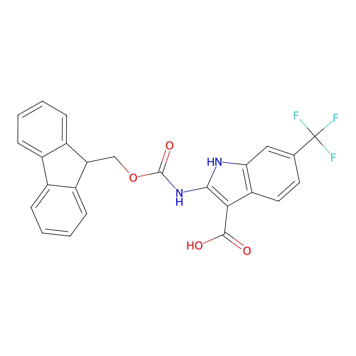 2-({[(9H-fluoren-9-yl)methoxy]carbonyl}amino)-6-(trifluoromethyl)-1H-indole-3-carboxylic acid molecular structure, CAS 2639440-56-3