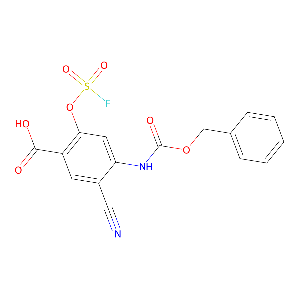 4-{[(Benzyloxy)carbonyl]amino}-5-cyano-2-[(fluorosulfonyl)oxy]benzoic acid molecular structure, CAS 2639441-34-0