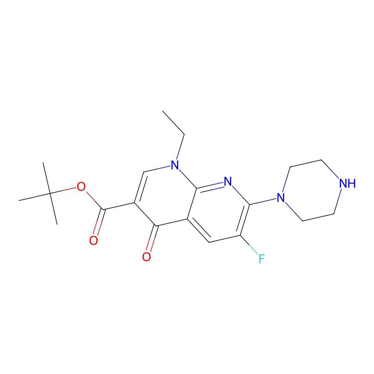 Tert-butyl 1-ethyl-6-fluoro-4-oxo-7-(piperazin-1-yl)-1,4-dihydro-1,8-naphthyridine-3-carboxylate molecular structure, CAS 2639441-83-9