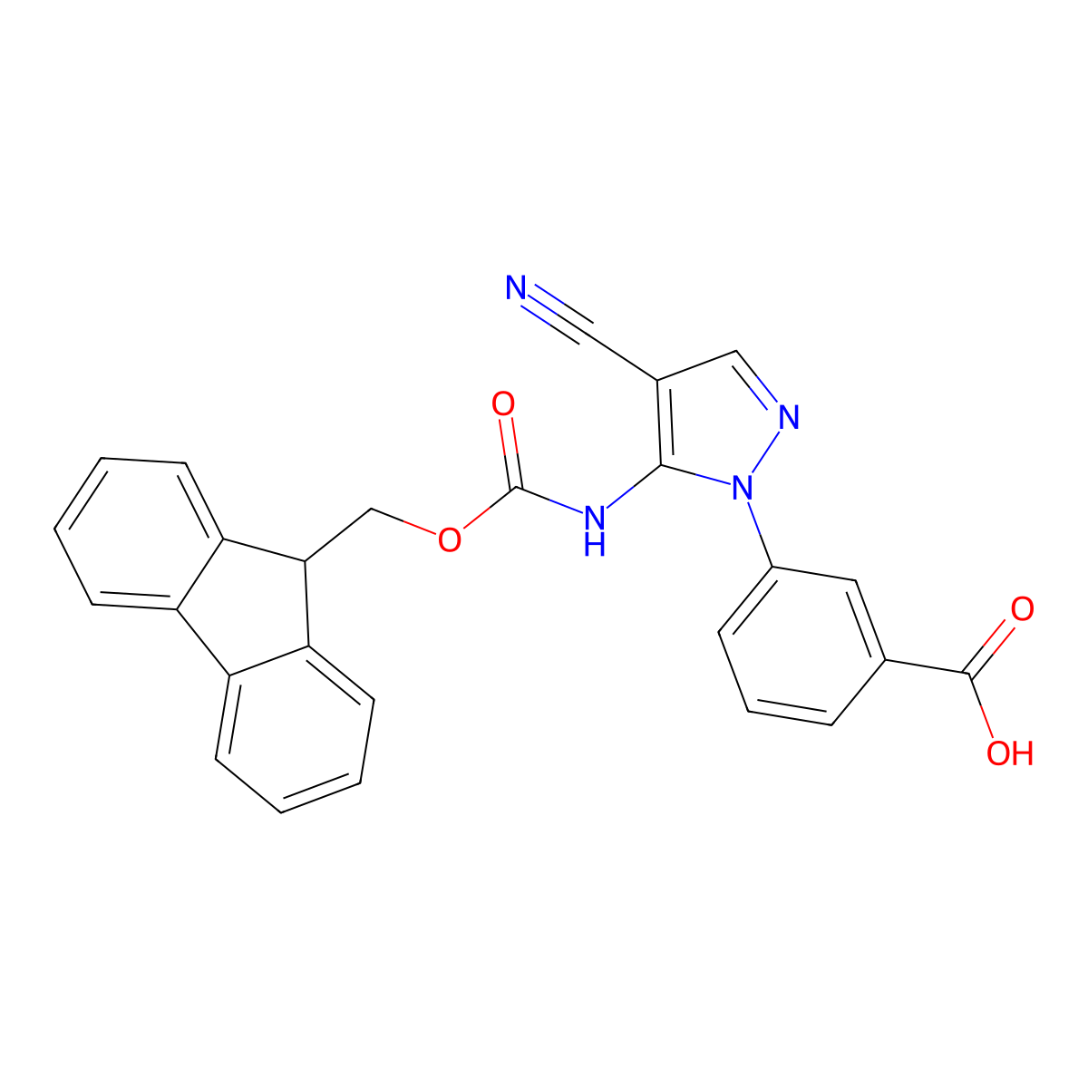 3-[4-cyano-5-({[(9H-fluoren-9-yl)methoxy]carbonyl}amino)-1H-pyrazol-1-yl]benzoic acid molecular structure, CAS 2639442-22-9