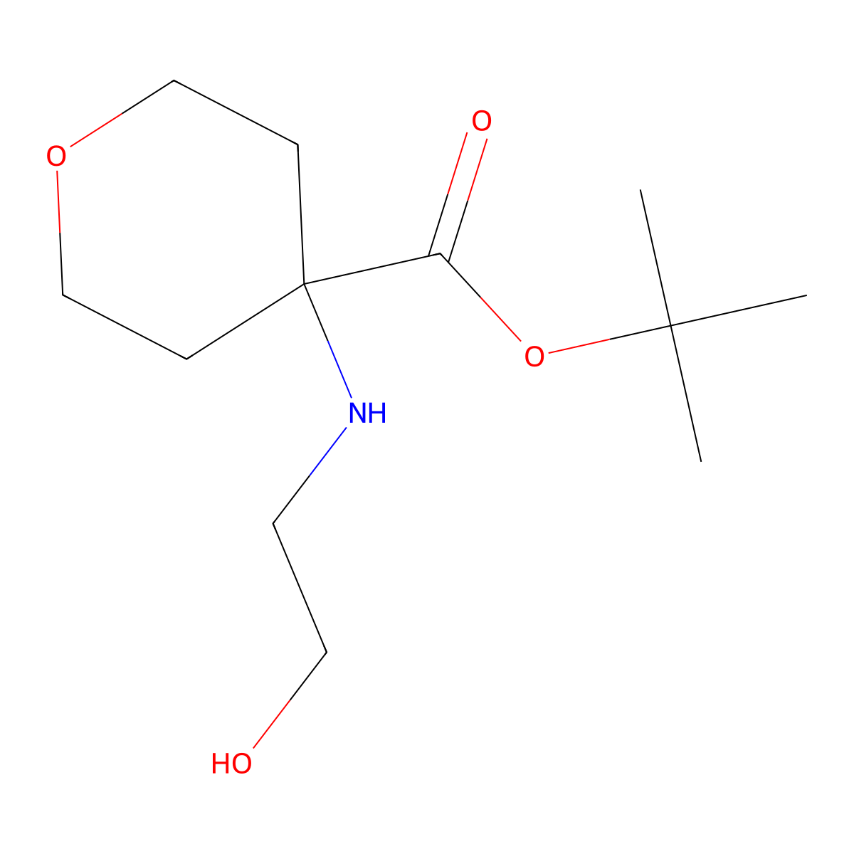 Tert-butyl 4-[(2-hydroxyethyl)amino]oxane-4-carboxylate molecular structure, CAS 2639442-31-0