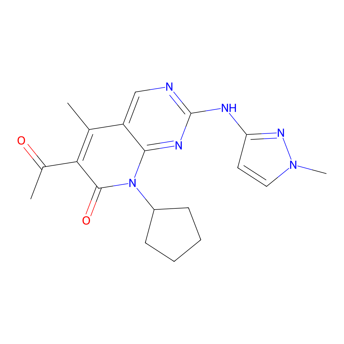 6-acetyl-8-cyclopentyl-5-methyl-2-[(1-methyl-1H-pyrazol-3-yl)amino]-7H,8H-pyrido[2,3-d]pyrimidin-7-one molecular structure, CAS 2639442-87-6