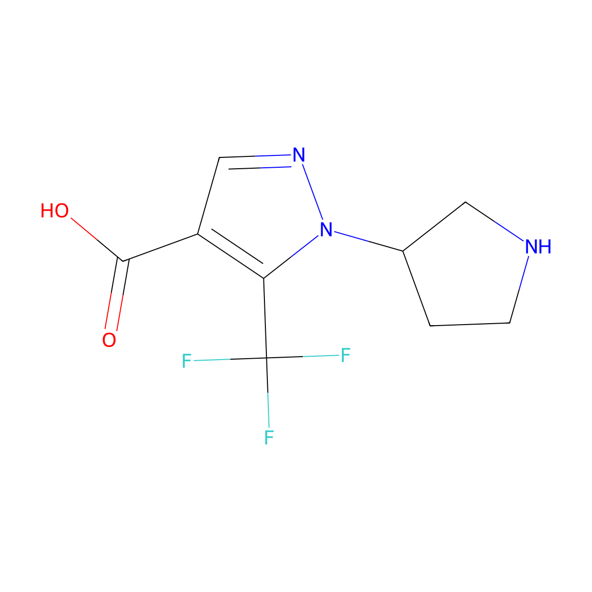 1-(pyrrolidin-3-yl)-5-(trifluoromethyl)-1H-pyrazole-4-carboxylic acid molecular structure, CAS 2639443-13-1