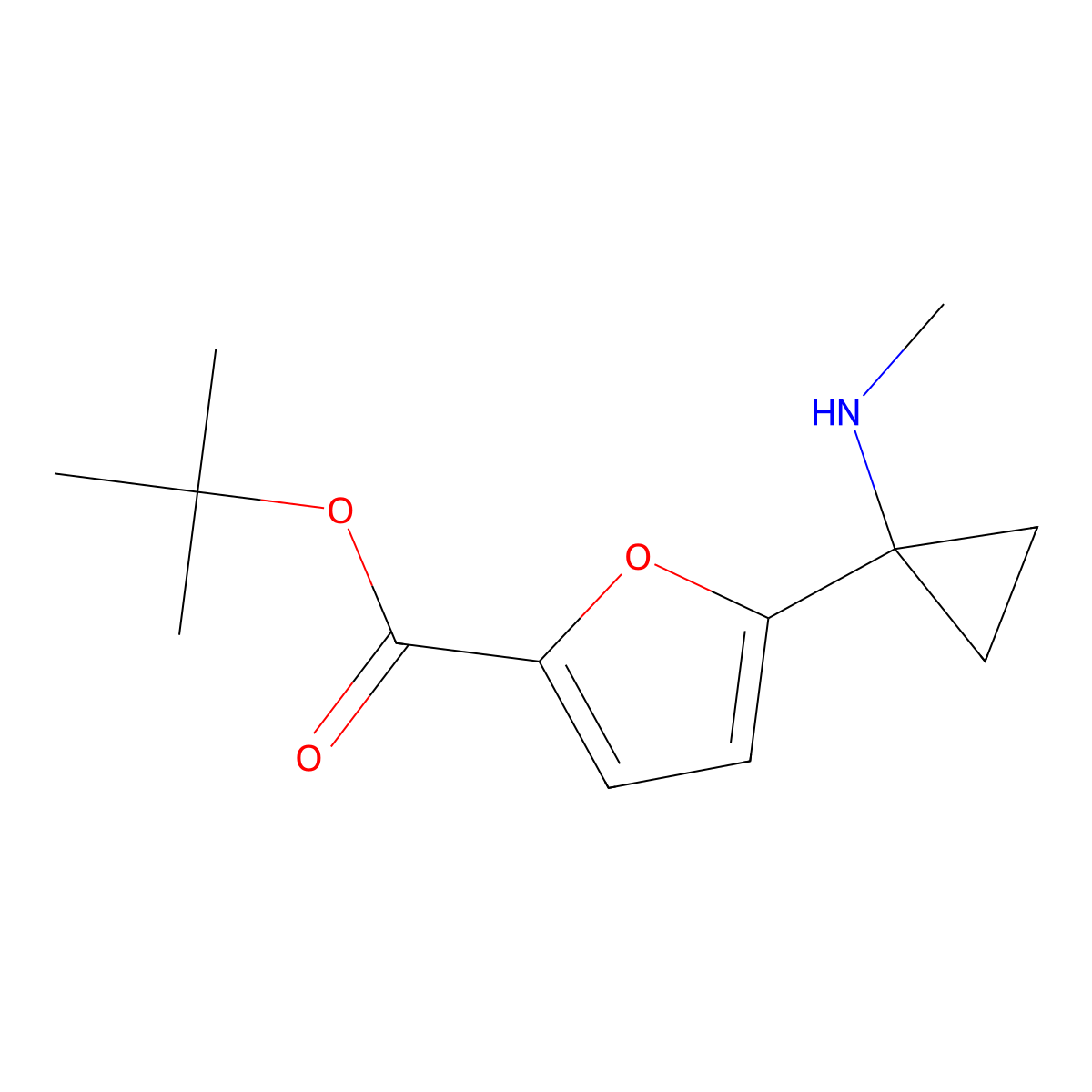 Tert-butyl 5-[1-(methylamino)cyclopropyl]furan-2-carboxylate molecular structure, CAS 2639443-52-8