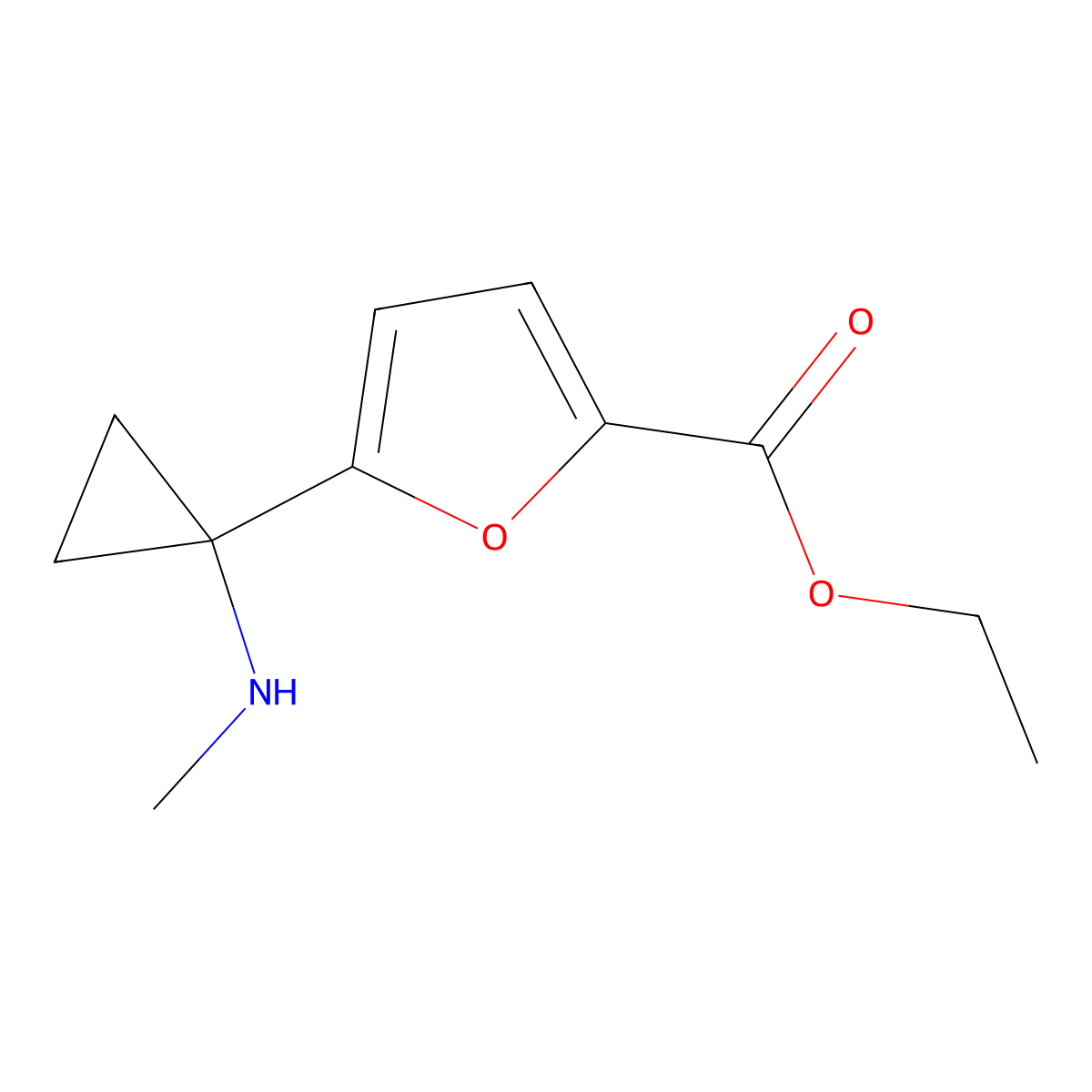 Ethyl 5-[1-(methylamino)cyclopropyl]furan-2-carboxylate molecular structure, CAS 2639444-13-4