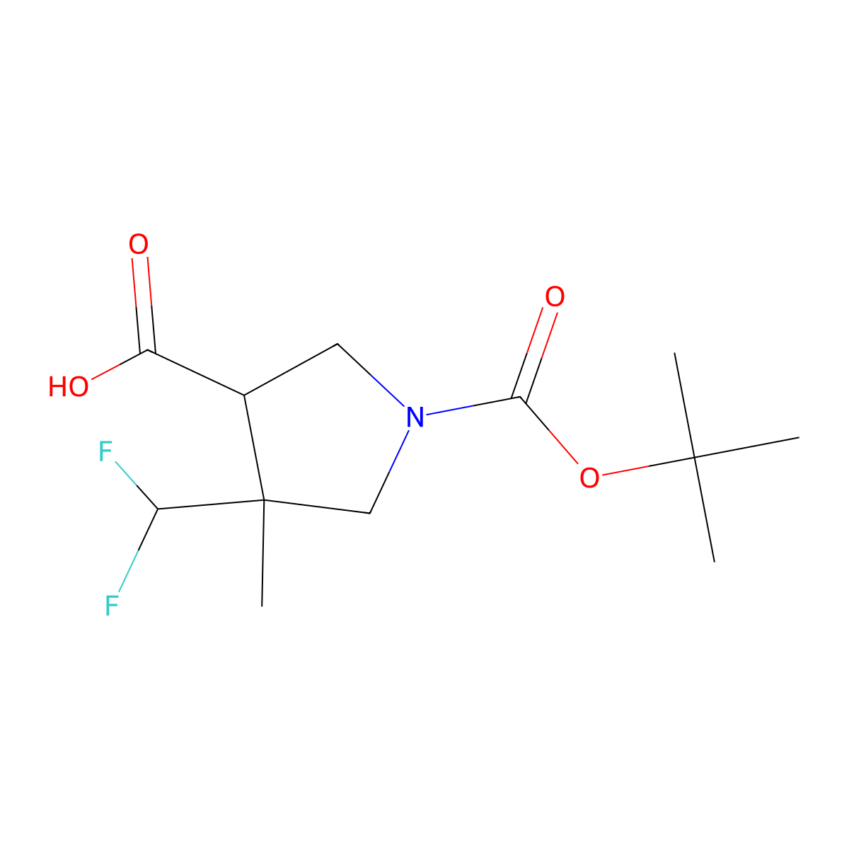 1-Tert-butoxycarbonyl-4-(difluoromethyl)-4-methyl-pyrrolidine-3-carboxylic acid molecular structure, CAS 2639444-20-3