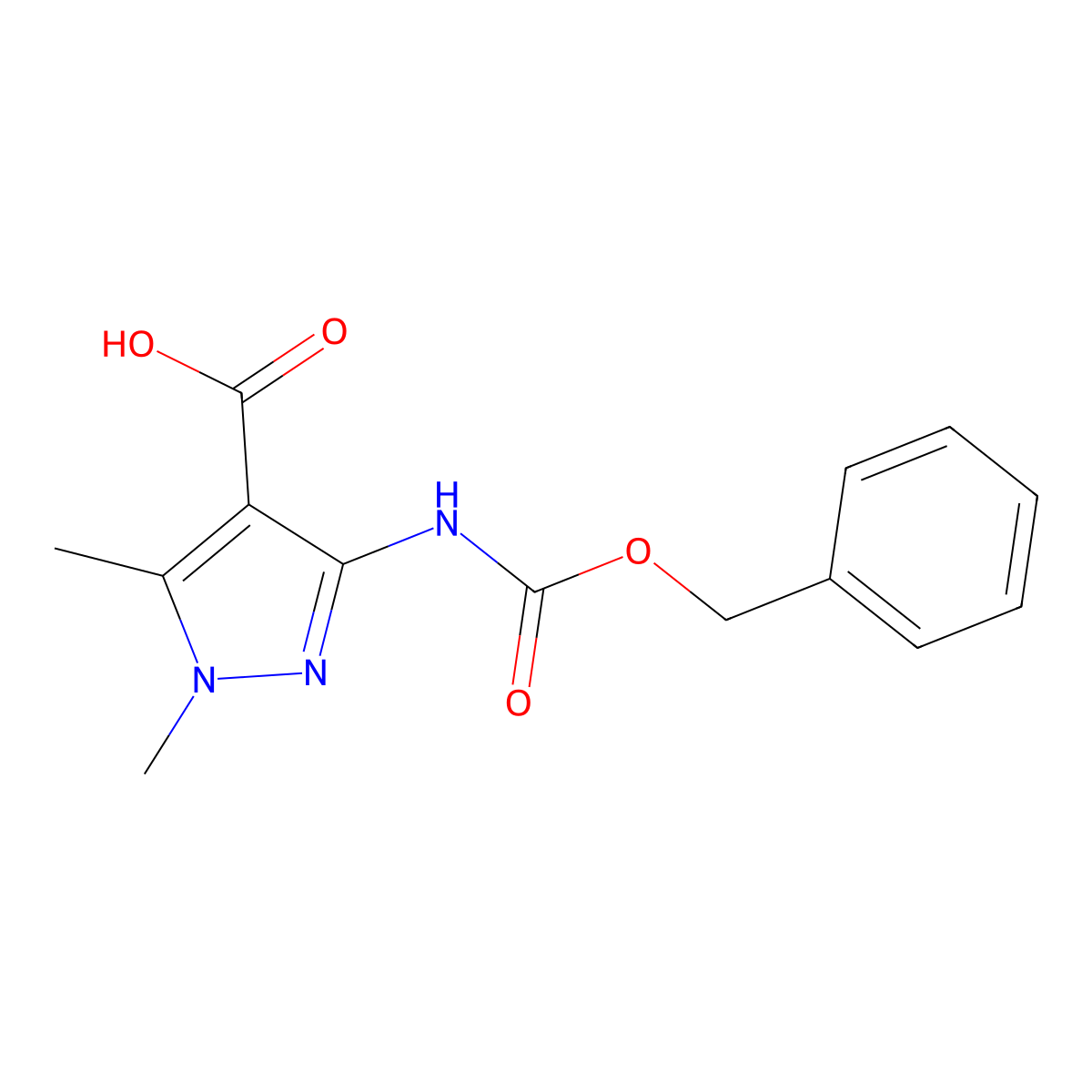 3-(Benzyloxycarbonylamino)-1,5-dimethyl-pyrazole-4-carboxylic acid molecular structure, CAS 2639444-27-0