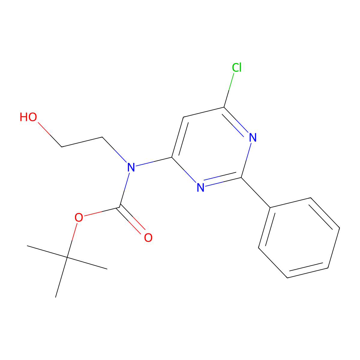 tert-butyl N-(6-chloro-2-phenylpyrimidin-4-yl)-N-(2-hydroxyethyl)carbamate molecular structure, CAS 2639444-35-0