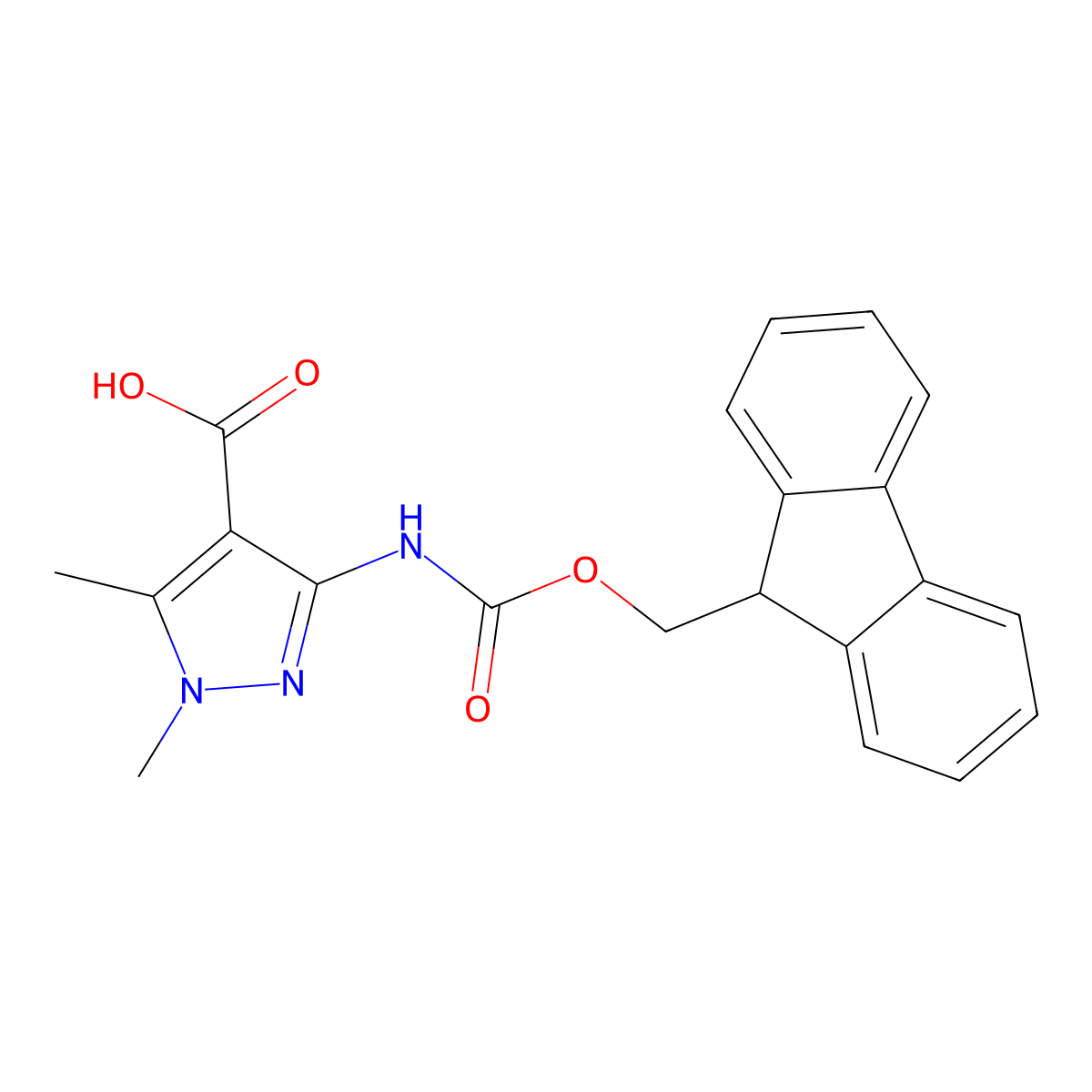 3-({[(9H-fluoren-9-yl)methoxy]carbonyl}amino)-1,5-dimethyl-1H-pyrazole-4-carboxylic acid molecular structure, CAS 2639444-79-2