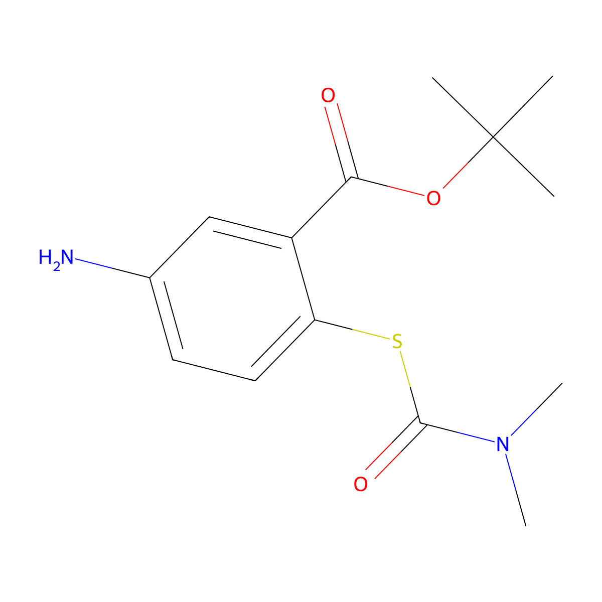 Tert-butyl 5-amino-2-[(dimethylcarbamoyl)sulfanyl]benzoate molecular structure, CAS 2639445-22-8