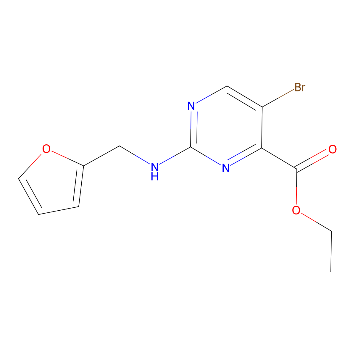 Ethyl 5-bromo-2-{[(furan-2-yl)methyl]amino}pyrimidine-4-carboxylate molecular structure, CAS 2639445-58-0