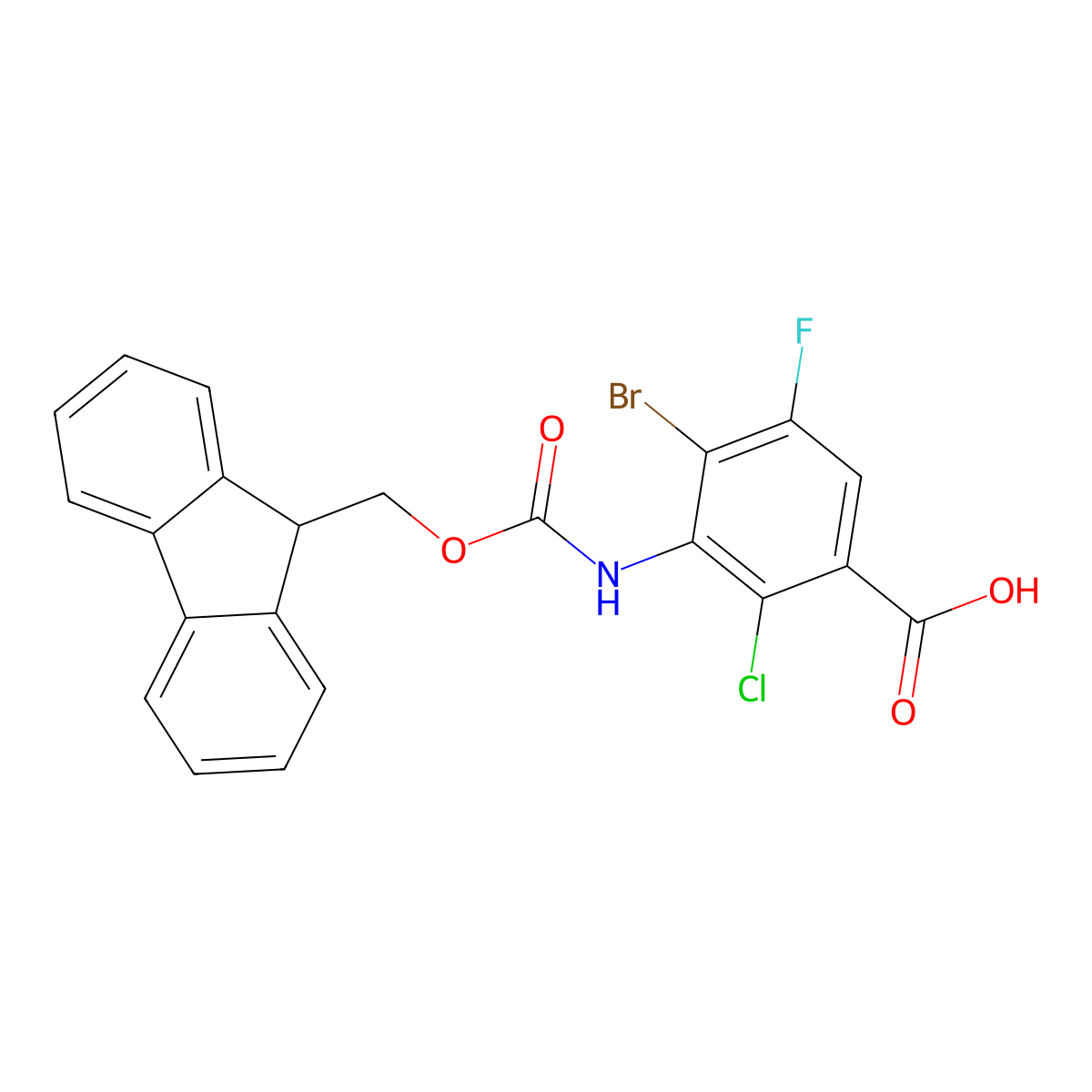 4-bromo-2-chloro-3-({[(9H-fluoren-9-yl)methoxy]carbonyl}amino)-5-fluorobenzoic acid molecular structure, CAS 2639446-97-0