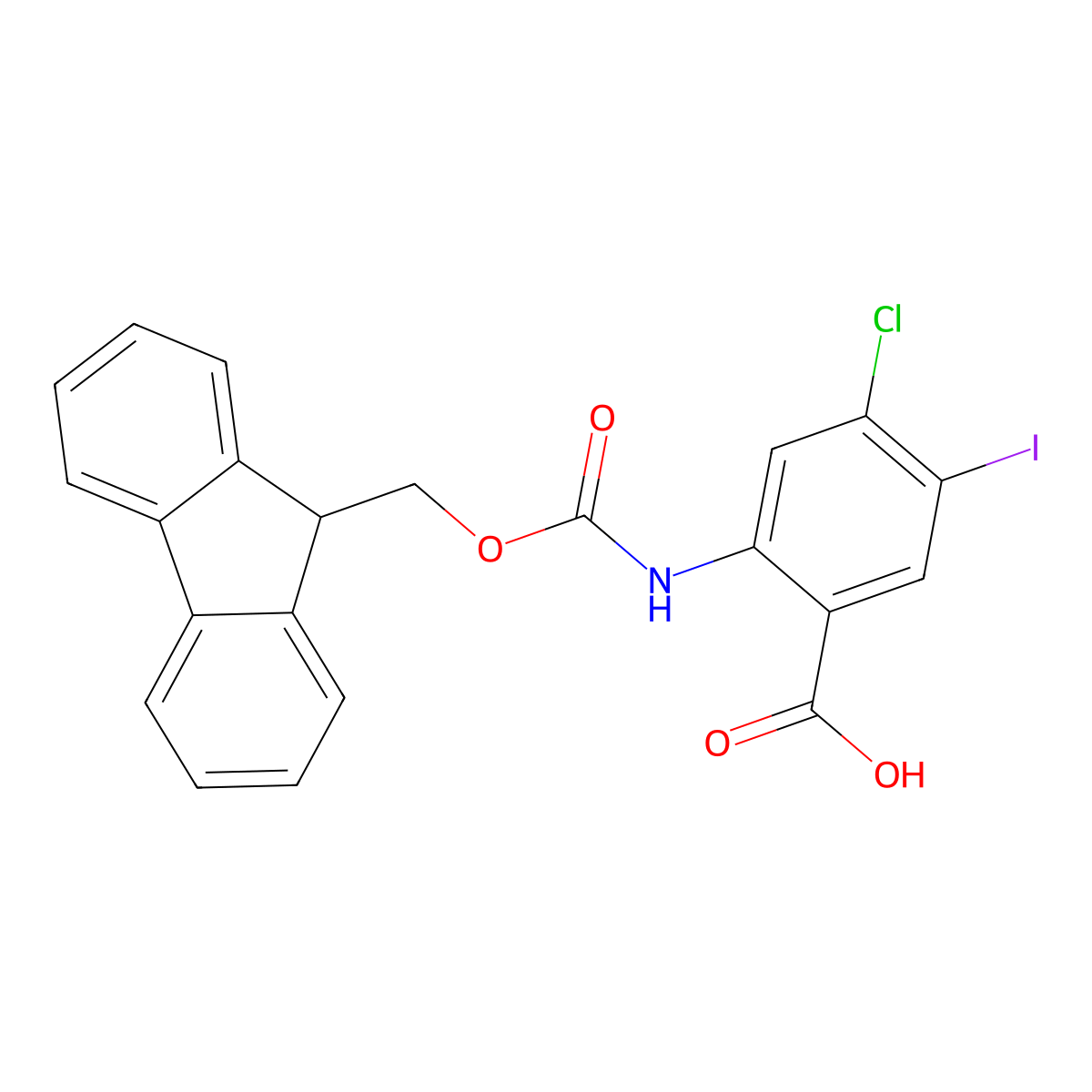4-chloro-2-({[(9H-fluoren-9-yl)methoxy]carbonyl}amino)-5-iodobenzoic acid molecular structure, CAS 2639447-96-2