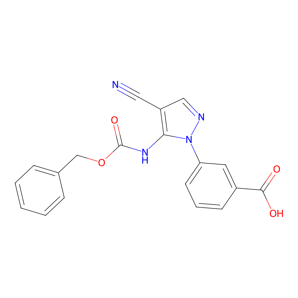 3-(5-{[(benzyloxy)carbonyl]amino}-4-cyano-1H-pyrazol-1-yl)benzoic acid molecular structure, CAS 2639448-36-3