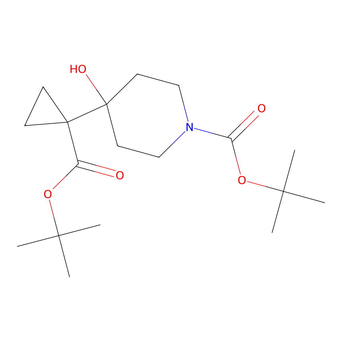 Tert-butyl 4-{1-[(tert-butoxy)carbonyl]cyclopropyl}-4-hydroxypiperidine-1-carboxylate molecular structure, CAS 2639448-43-2