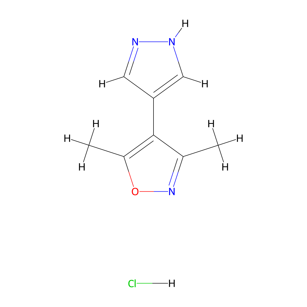 3,5-dimethyl-4-(1H-pyrazol-4-yl)-1,2-oxazole hydrochloride molecular structure, CAS 2639448-73-8
