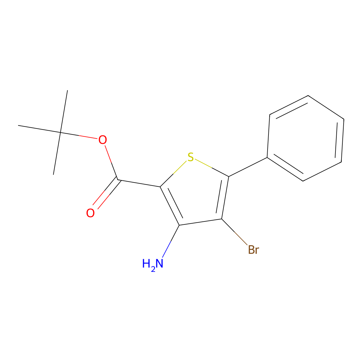 Tert-butyl 3-amino-4-bromo-5-phenylthiophene-2-carboxylate molecular structure, CAS 2639449-01-5