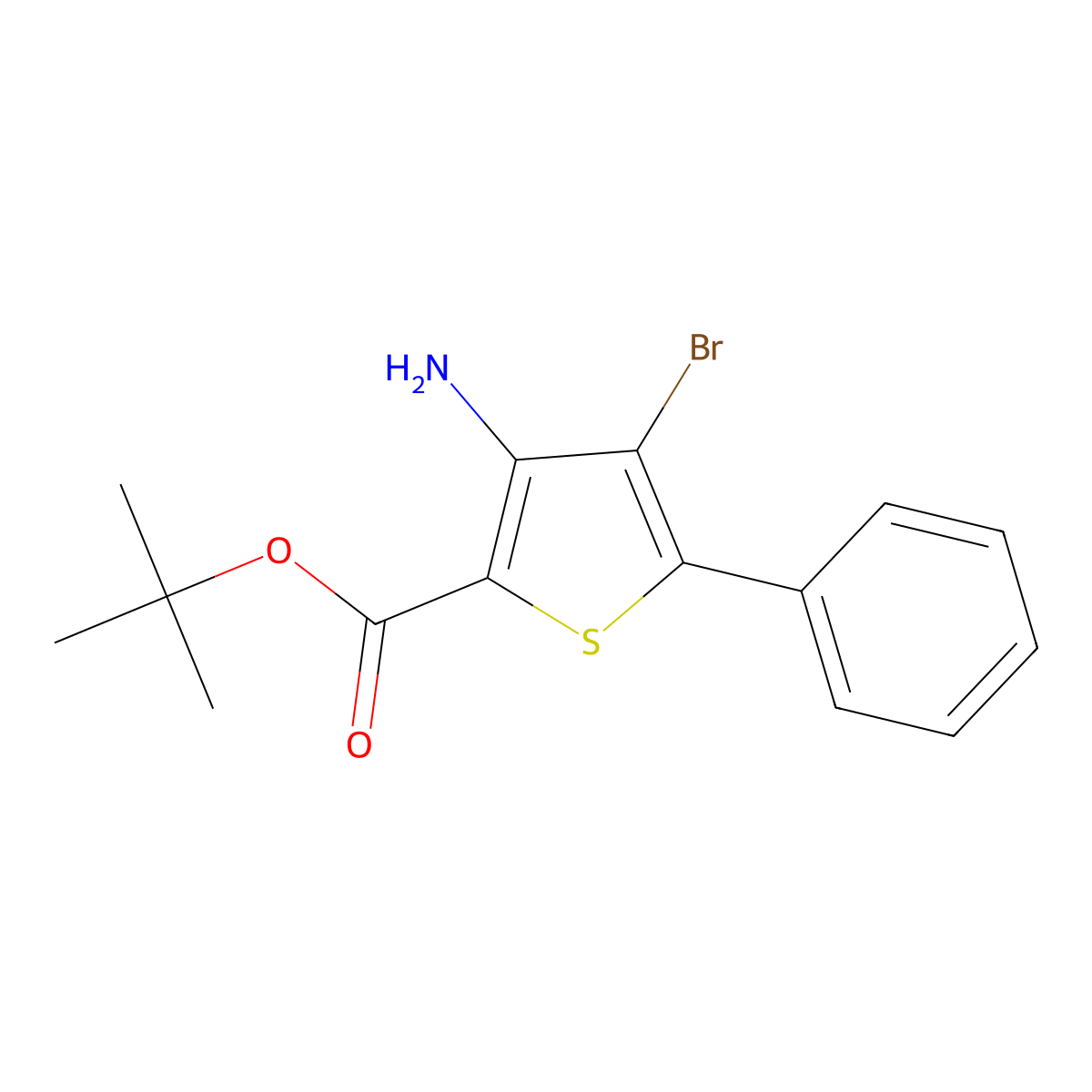 Tert-butyl 3-amino-4-bromo-5-phenylthiophene-2-carboxylate molecular structure, CAS 2639449-01-5