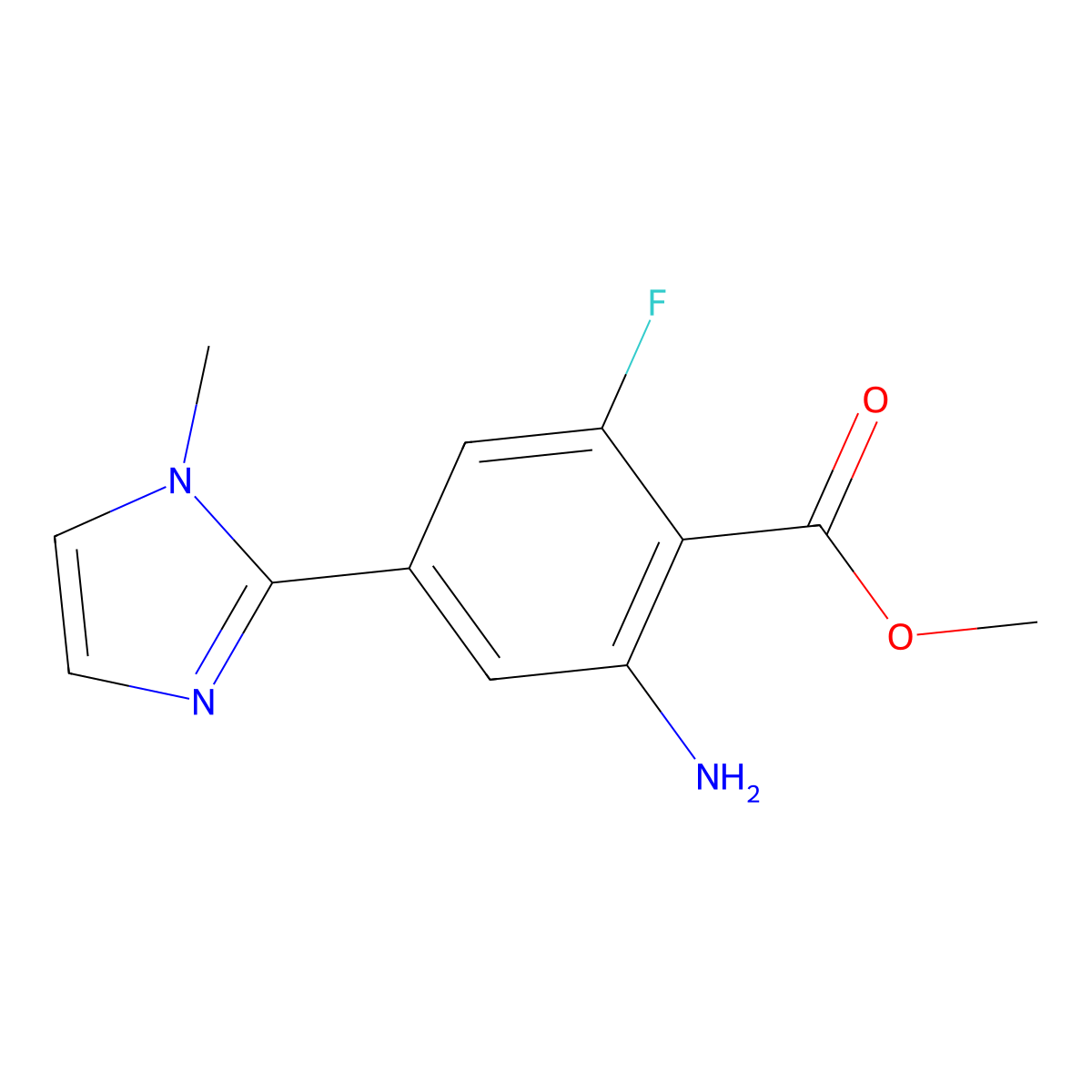 methyl 2-amino-6-fluoro-4-(1-methyl-1H-imidazol-2-yl)benzoate molecular structure, CAS 2639449-25-3
