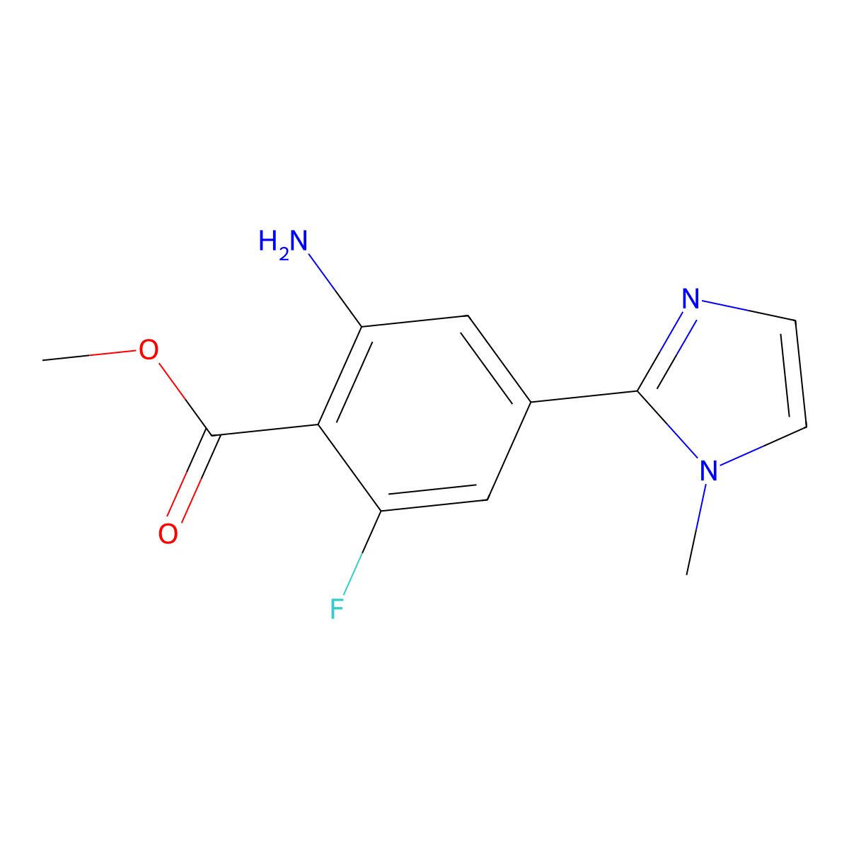 methyl 2-amino-6-fluoro-4-(1-methyl-1H-imidazol-2-yl)benzoate molecular structure, CAS 2639449-25-3