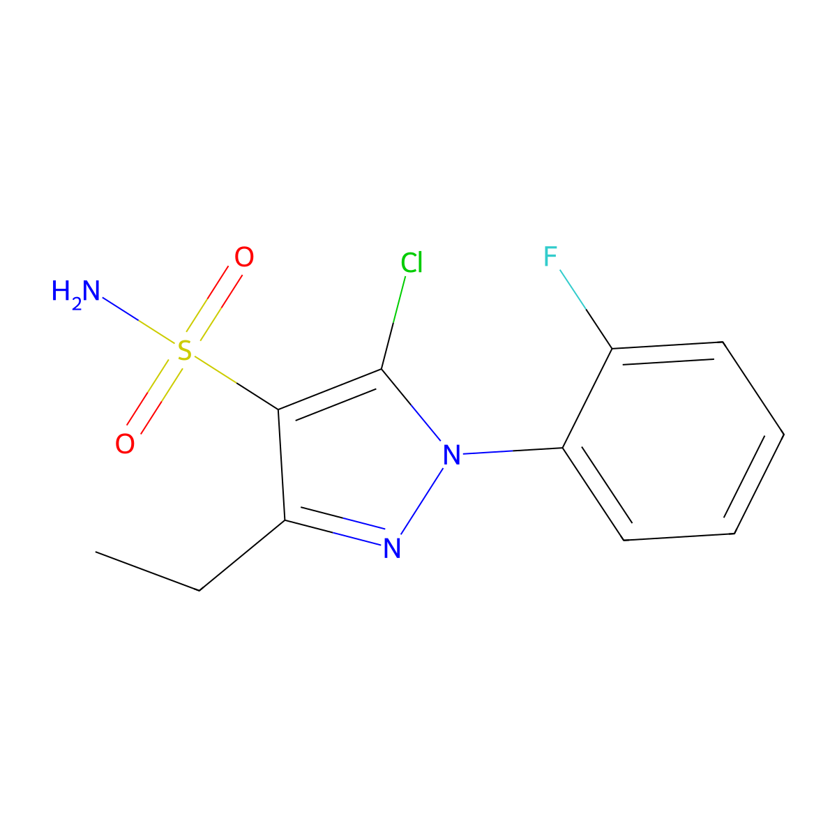 5-chloro-3-ethyl-1-(2-fluorophenyl)-1H-pyrazole-4-sulfonamide molecular structure, CAS 2639449-44-6