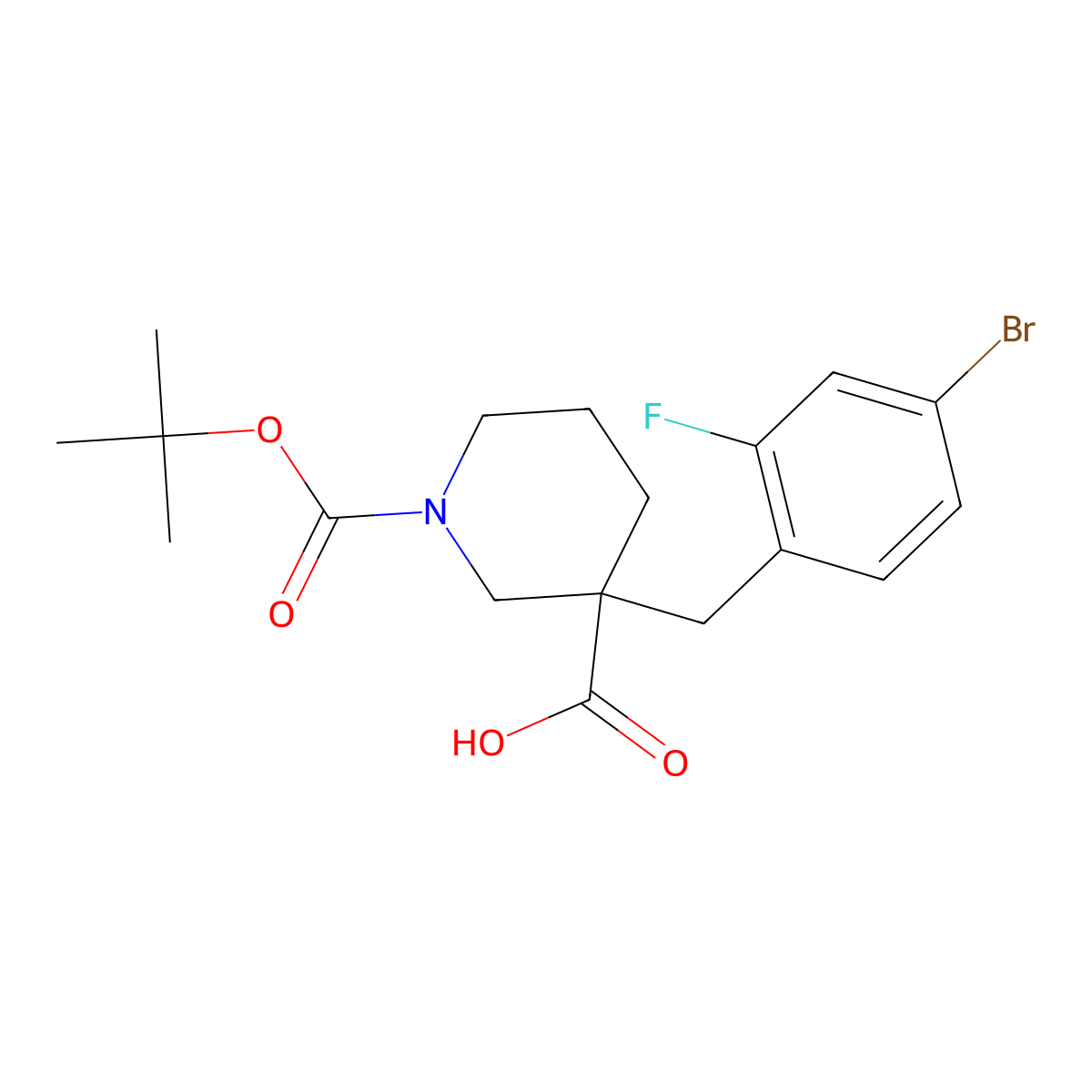 3-[(4-Bromo-2-fluorophenyl)methyl]-1-[(tert-butoxy)carbonyl]piperidine-3-carboxylic acid molecular structure, CAS 2639449-56-0