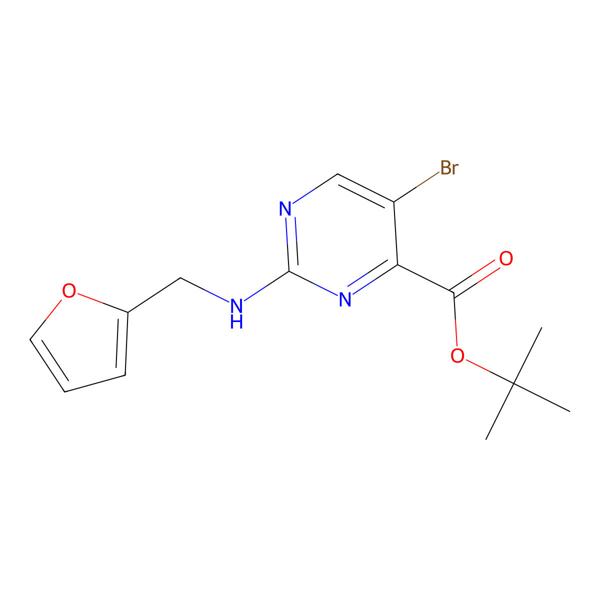 Tert-butyl 5-bromo-2-{[(furan-2-yl)methyl]amino}pyrimidine-4-carboxylate molecular structure, CAS 2639450-24-9