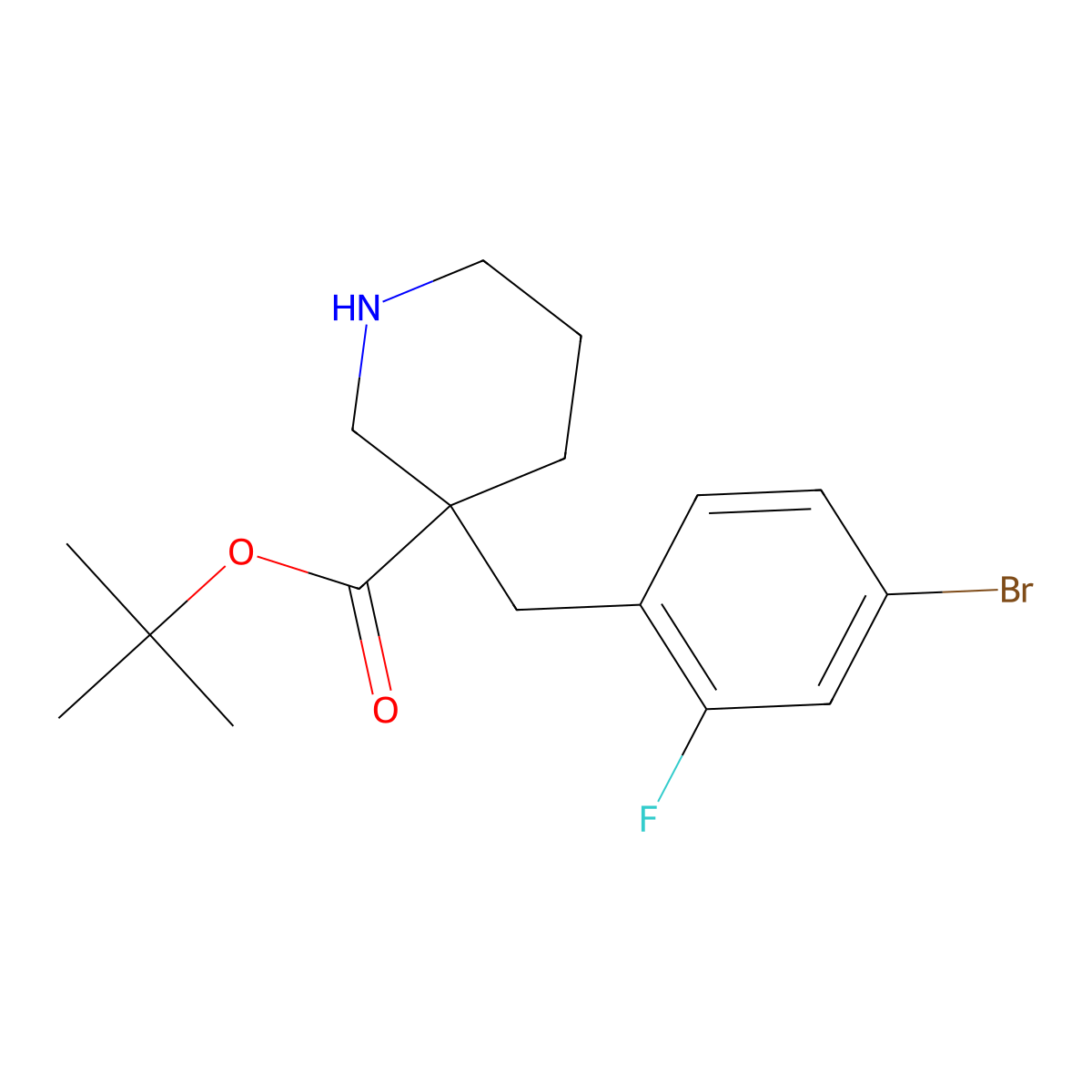 Tert-butyl 3-[(4-bromo-2-fluorophenyl)methyl]piperidine-3-carboxylate molecular structure, CAS 2639450-36-3