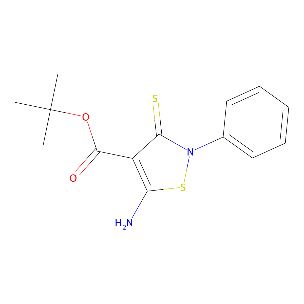 Tert-butyl 5-amino-2-phenyl-3-sulfanylidene-2,3-dihydro-1,2-thiazole-4-carboxylate molecular structure, CAS 2639451-36-6