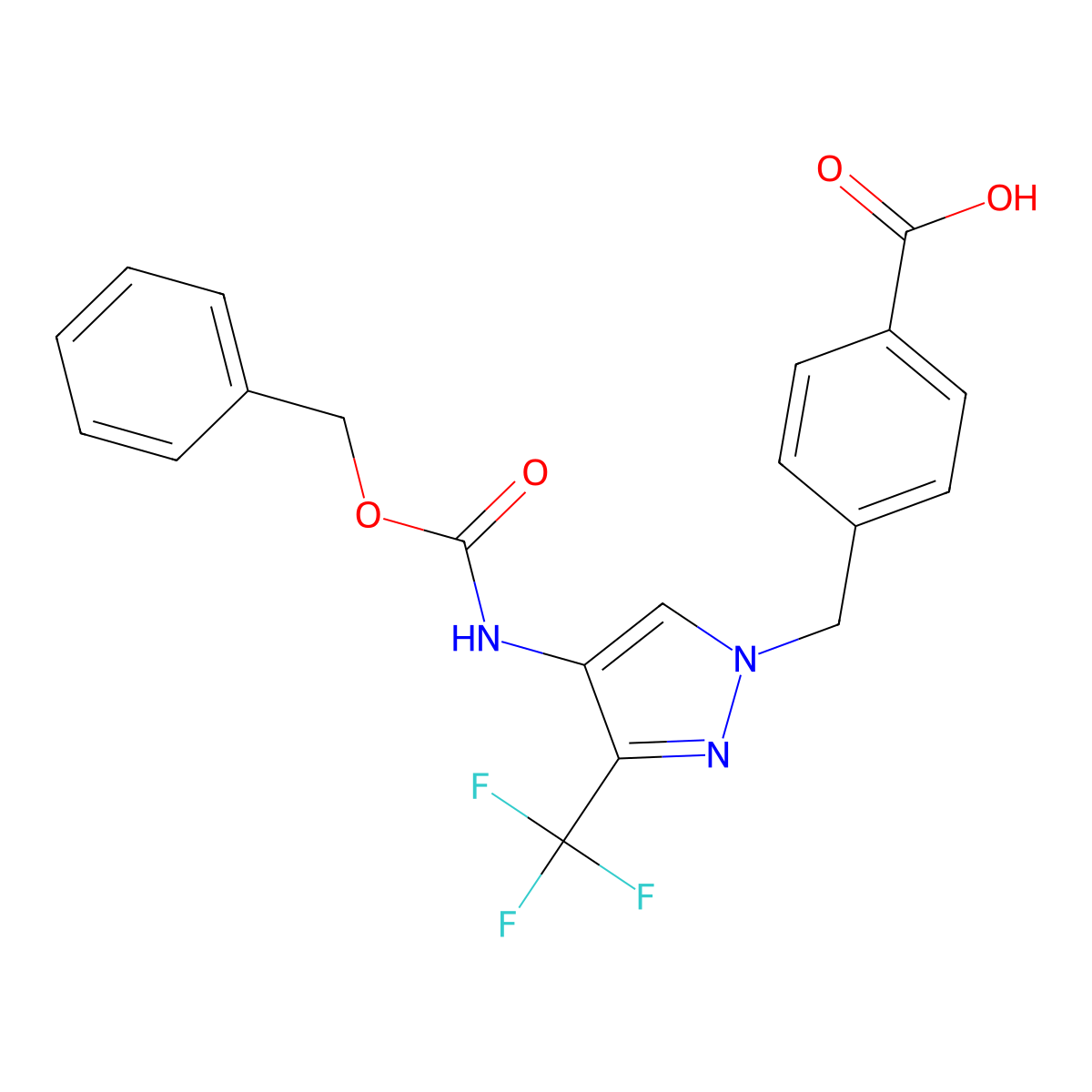 4-[(4-{[(benzyloxy)carbonyl]amino}-3-(trifluoromethyl)-1H-pyrazol-1-yl)methyl]benzoic acid molecular structure, CAS 2639451-58-2