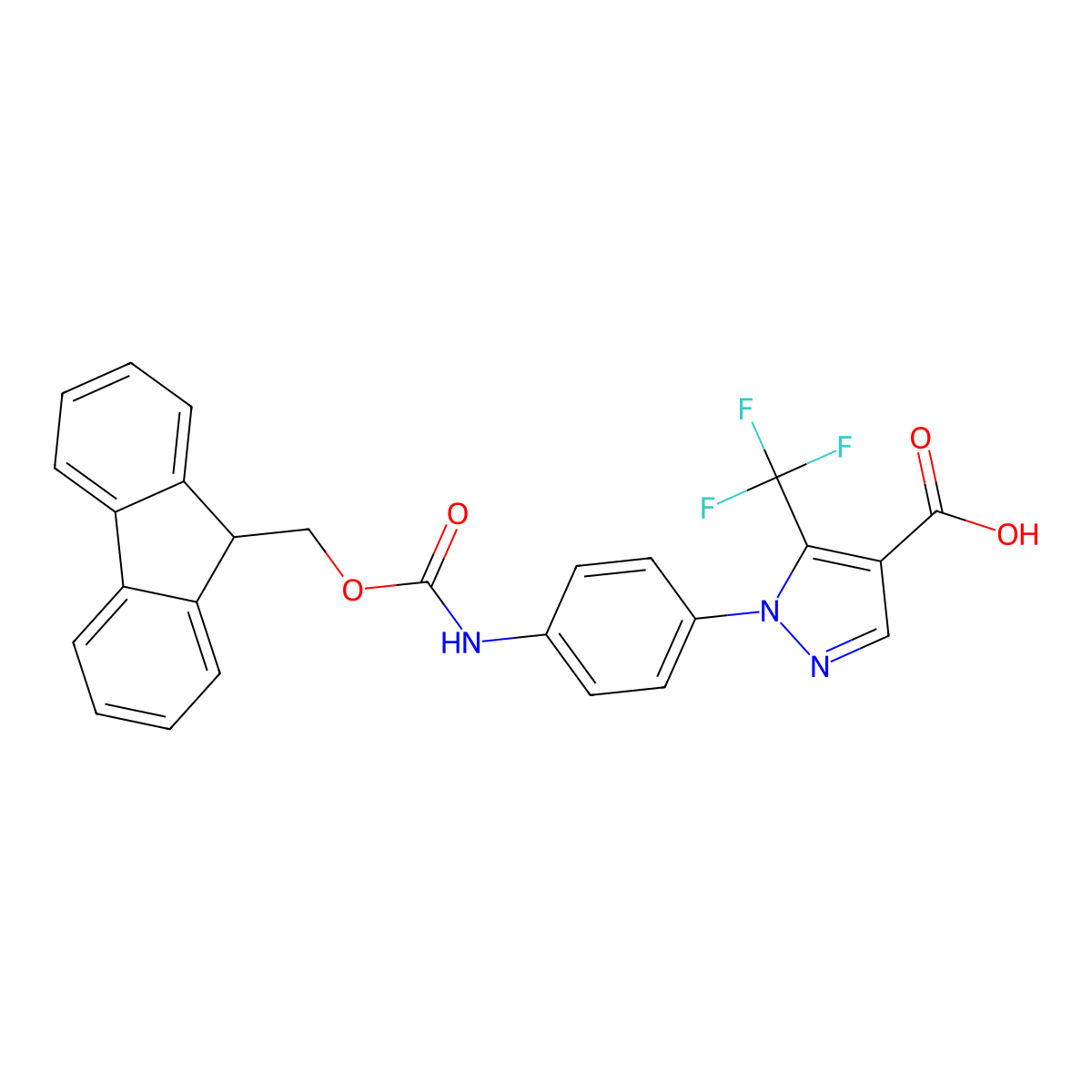 1-(4-((((9H-fluoren-9-yl)methoxy)carbonyl)amino)phenyl)-5-(trifluoromethyl)-1H-pyrazole-4-carboxylic acid molecular structure, CAS 2639452-25-6