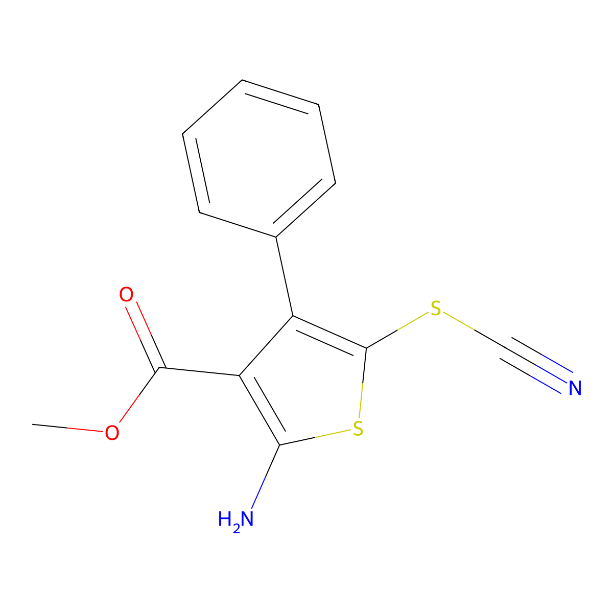 Methyl 2-amino-5-(cyanosulfanyl)-4-phenylthiophene-3-carboxylate molecular structure, CAS 2639453-80-6