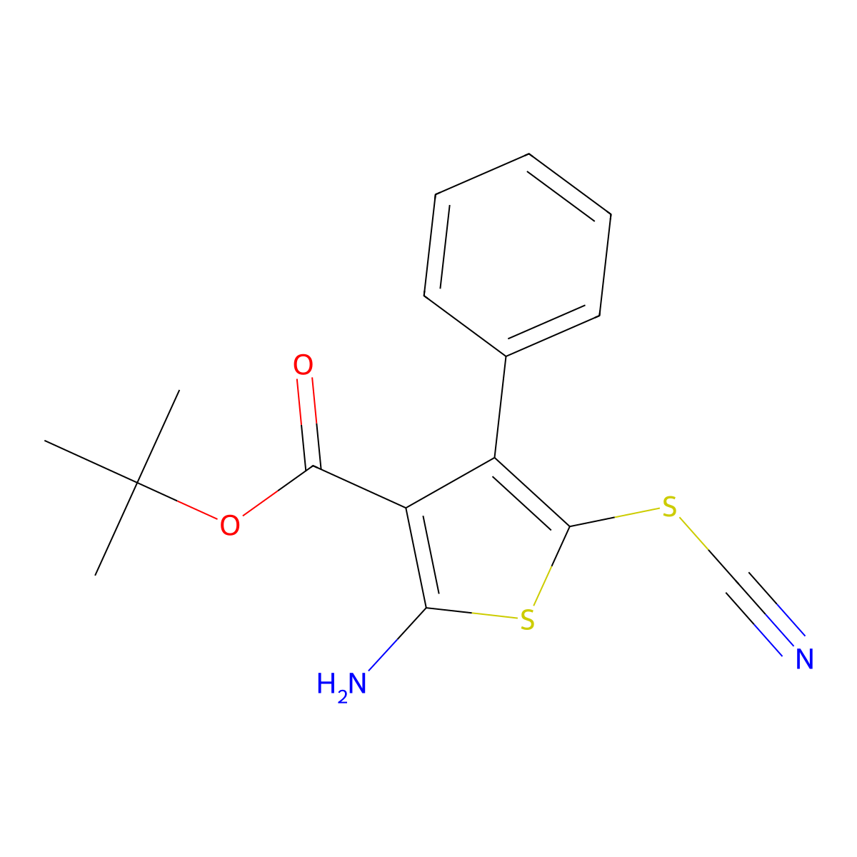 Tert-butyl 2-amino-5-(cyanosulfanyl)-4-phenylthiophene-3-carboxylate molecular structure, CAS 2639453-87-3