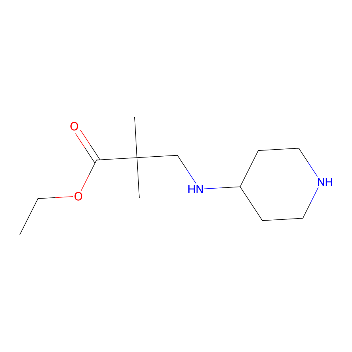 Ethyl 2,2-dimethyl-3-[(piperidin-4-yl)amino]propanoate molecular structure, CAS 2639455-02-8