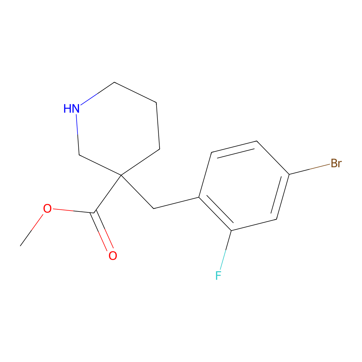 Methyl 3-[(4-bromo-2-fluorophenyl)methyl]piperidine-3-carboxylate molecular structure, CAS 2639456-25-8