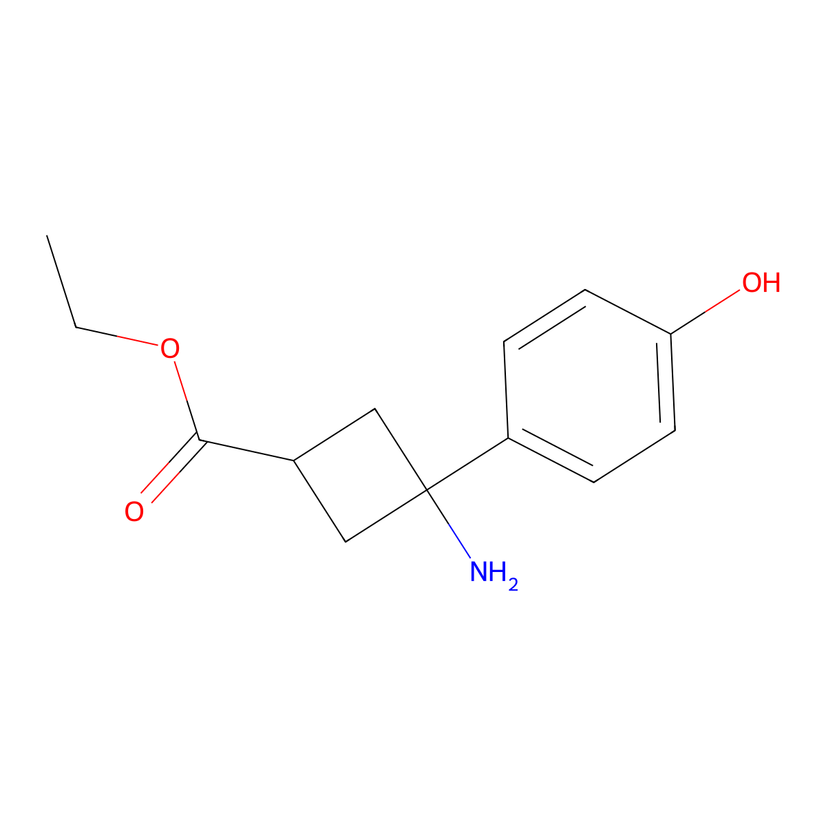 Ethyl 3-amino-3-(4-hydroxyphenyl)cyclobutane-1-carboxylate molecular structure, CAS 2639456-32-7