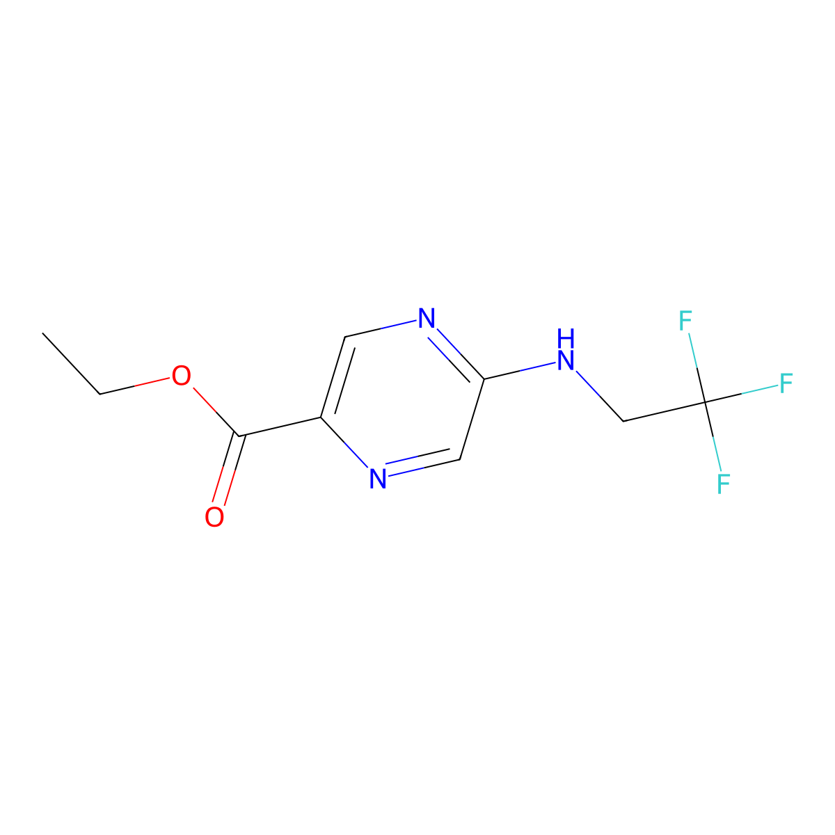Ethyl 5-[(2,2,2-trifluoroethyl)amino]pyrazine-2-carboxylate molecular structure, CAS 2639456-71-4