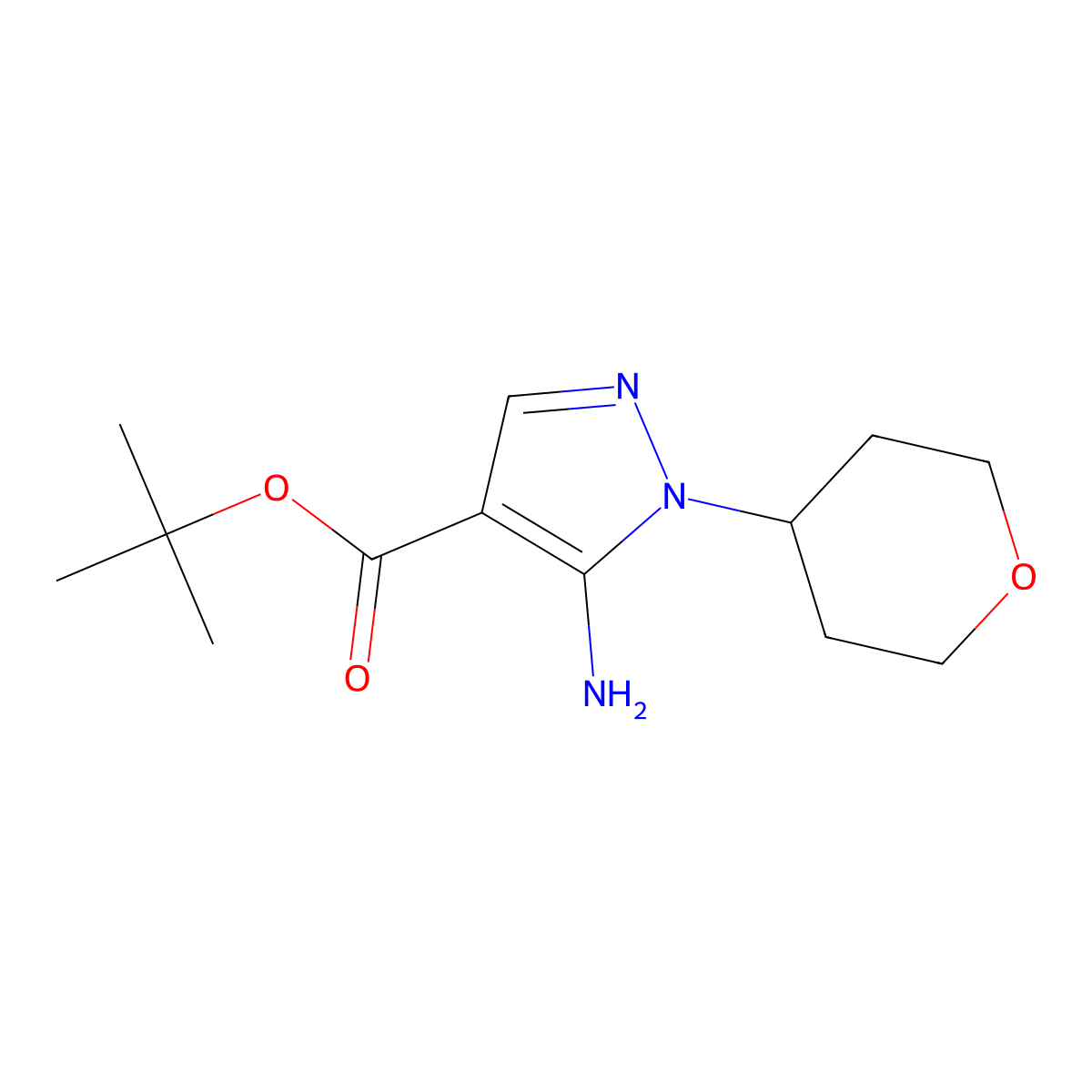 tert-butyl 5-amino-1-(oxan-4-yl)-1H-pyrazole-4-carboxylate molecular structure, CAS 2639456-81-6