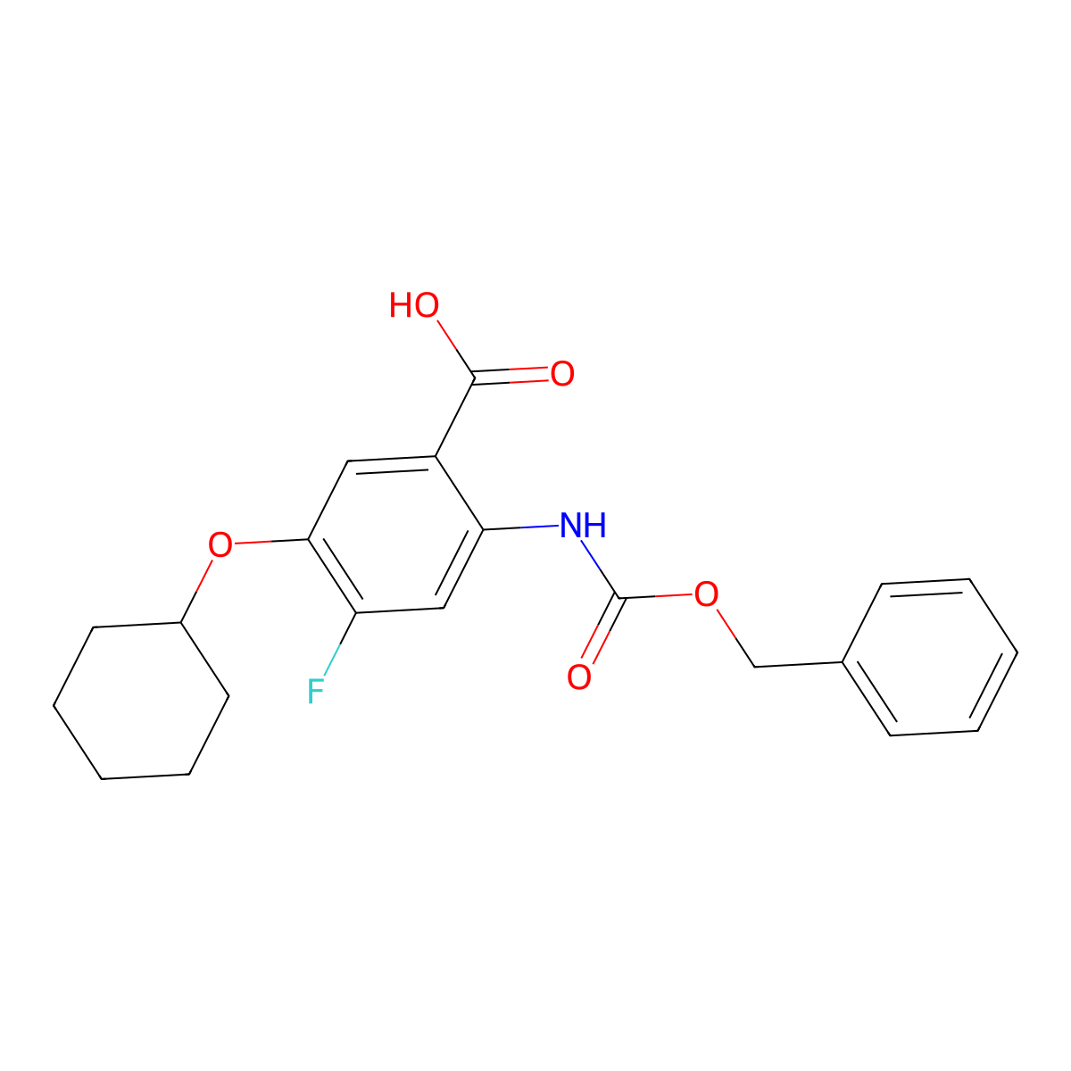 2-{[(Benzyloxy)carbonyl]amino}-5-(cyclohexyloxy)-4-fluorobenzoic acid molecular structure, CAS 2639456-93-0