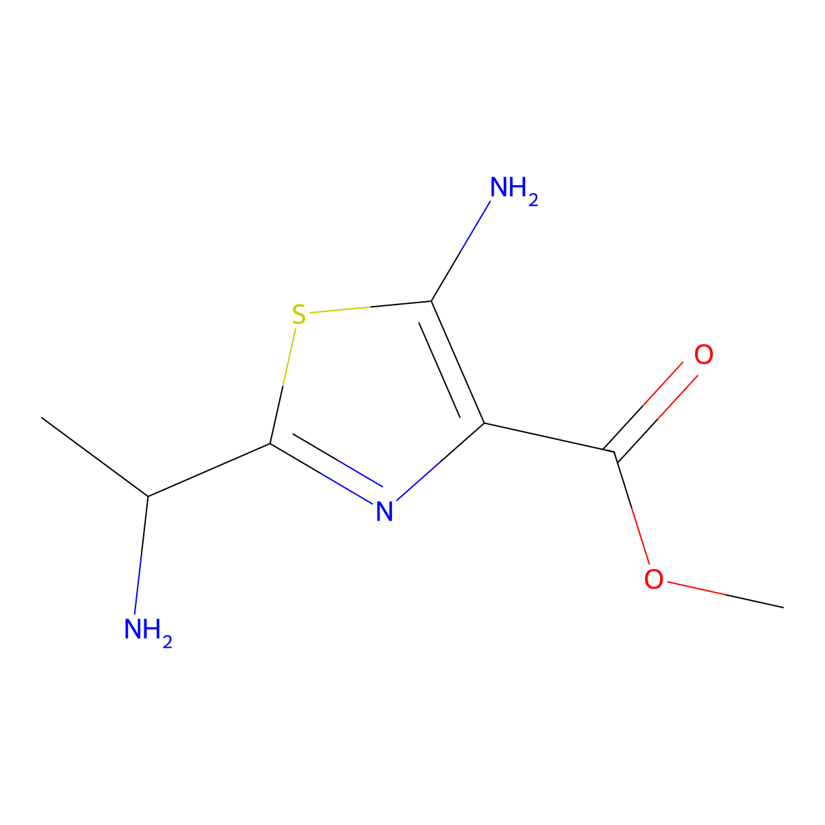 Methyl 5-amino-2-(1-aminoethyl)-1,3-thiazole-4-carboxylate molecular structure, CAS 2639459-13-3