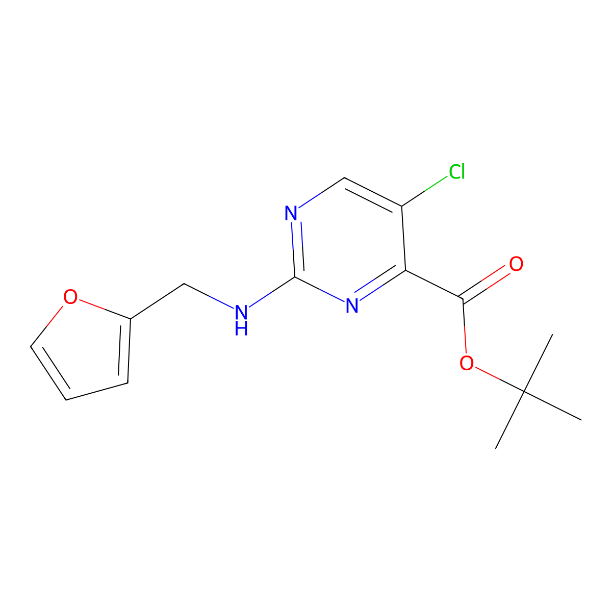 Tert-butyl 5-chloro-2-{[(furan-2-yl)methyl]amino}pyrimidine-4-carboxylate molecular structure, CAS 2639459-33-7