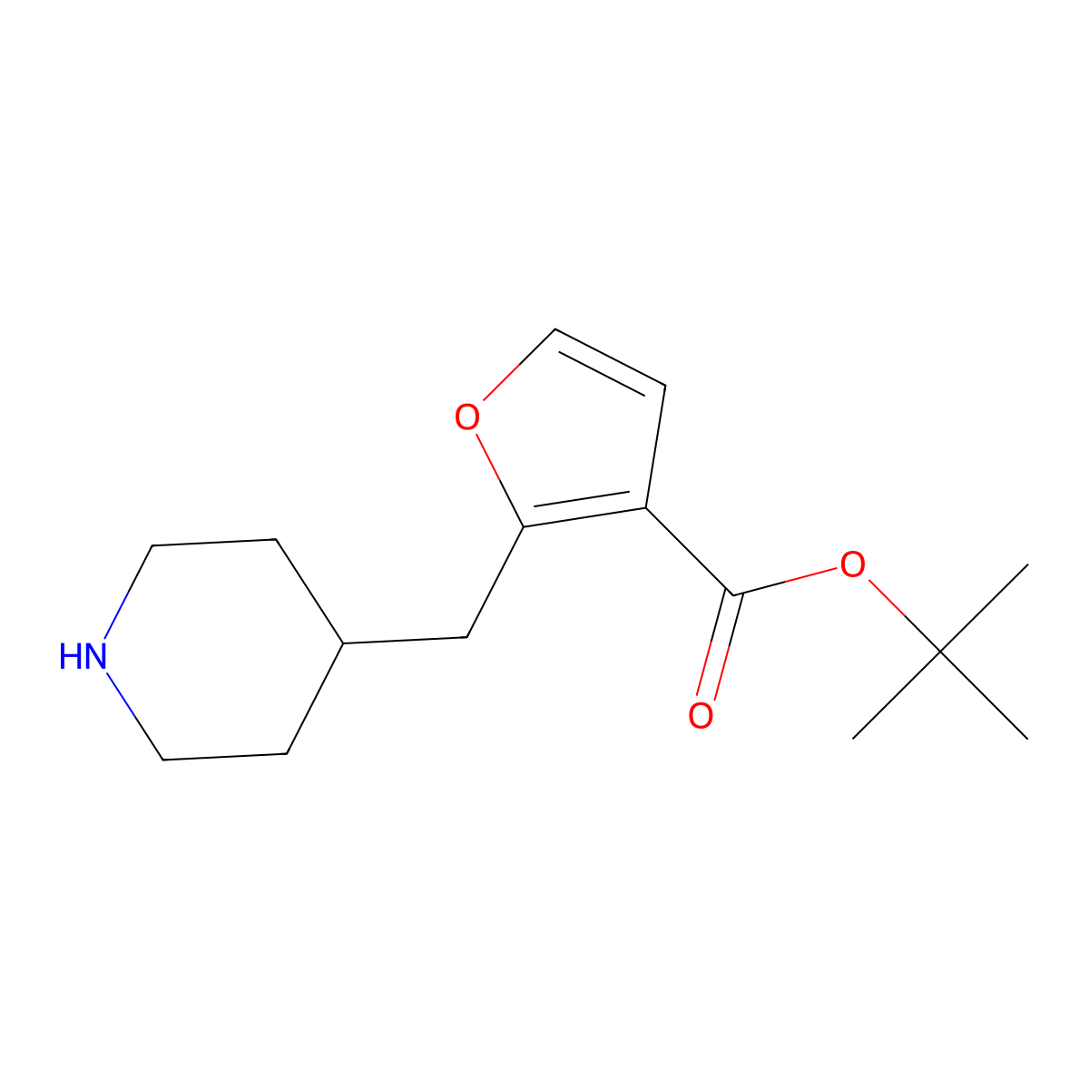 Tert-butyl 2-[(piperidin-4-yl)methyl]furan-3-carboxylate molecular structure, CAS 2639459-45-1