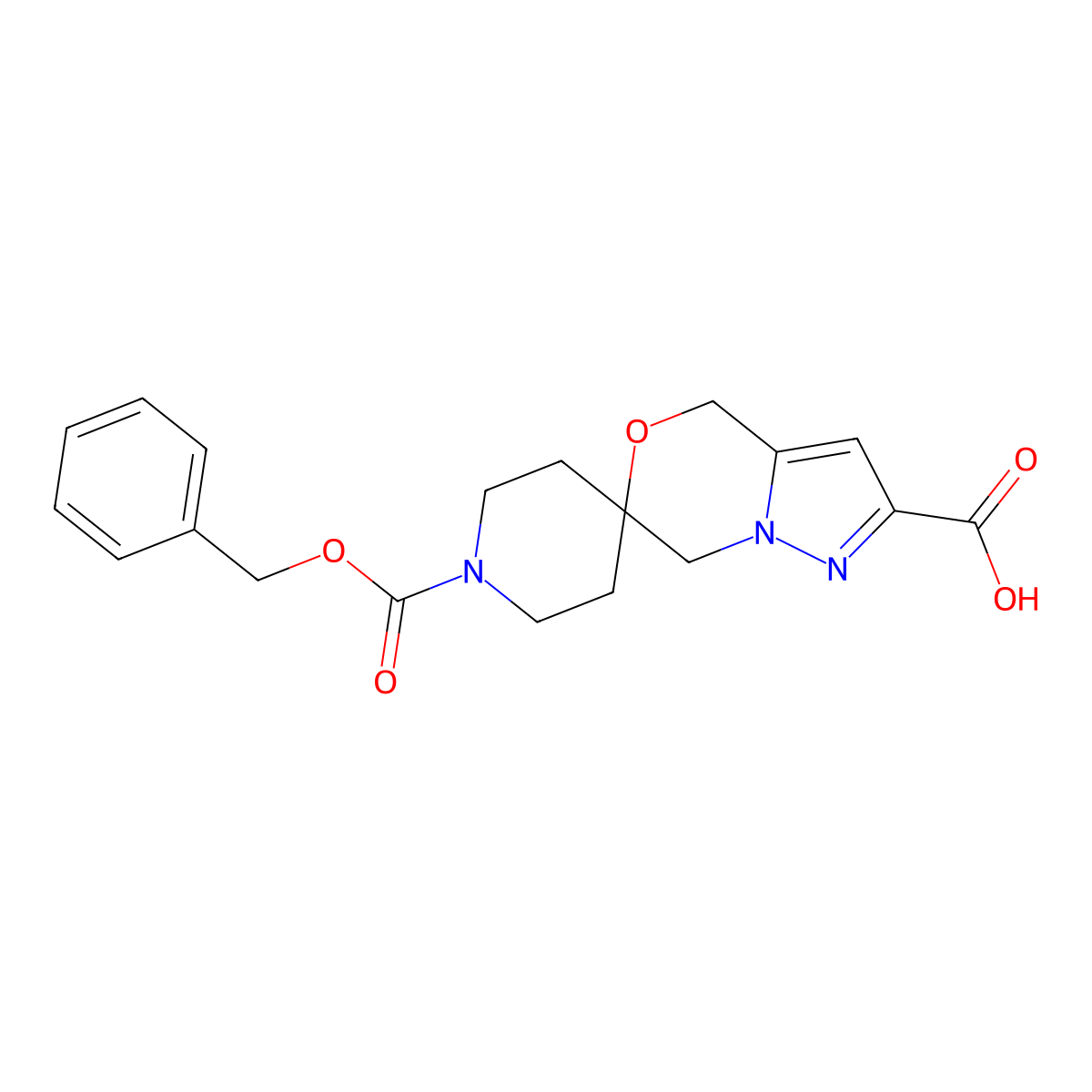 1-[(Benzyloxy)carbonyl]-4',7'-dihydrospiro[piperidine-4,6'-pyrazolo[3,2-c][1,4]oxazine]-2'-carboxylic acid molecular structure, CAS 2639459-98-4