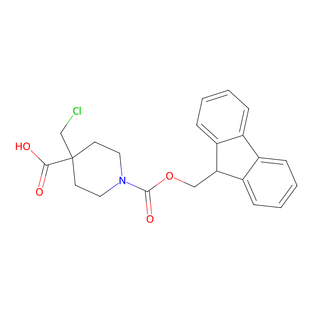 4-(chloromethyl)-1-{[(9H-fluoren-9-yl)methoxy]carbonyl}piperidine-4-carboxylic acid molecular structure, CAS 2639460-21-0