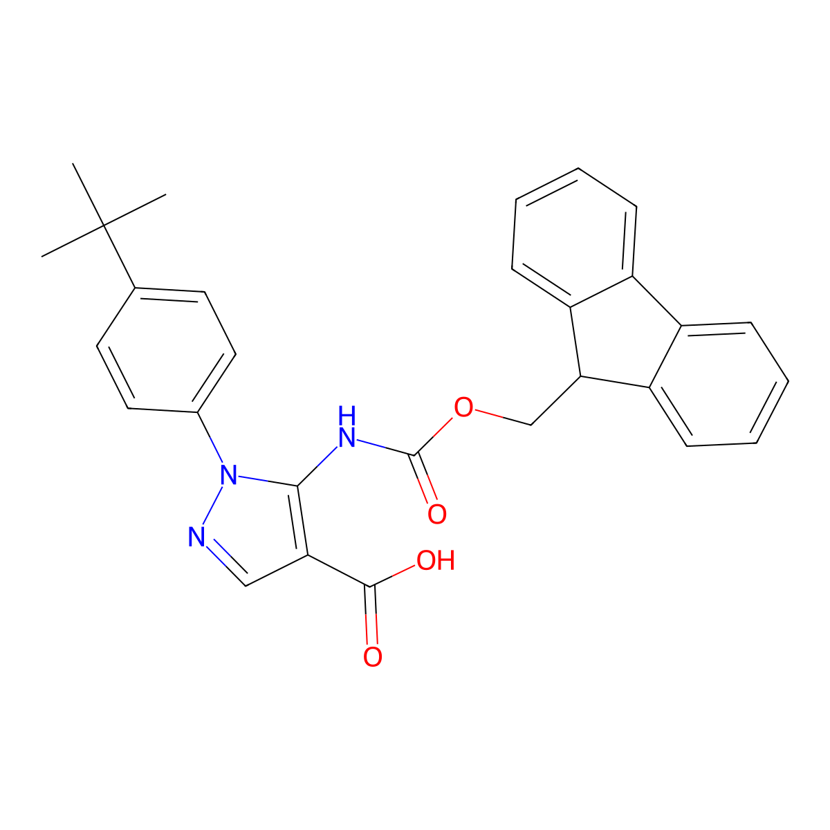 1-(4-tert-butylphenyl)-5-({[(9H-fluoren-9-yl)methoxy]carbonyl}amino)-1H-pyrazole-4-carboxylic acid molecular structure, CAS 2639460-29-8