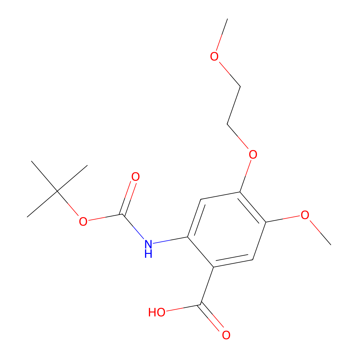 2-{[(Tert-butoxy)carbonyl]amino}-5-methoxy-4-(2-methoxyethoxy)benzoic acid molecular structure, CAS 2639460-83-4