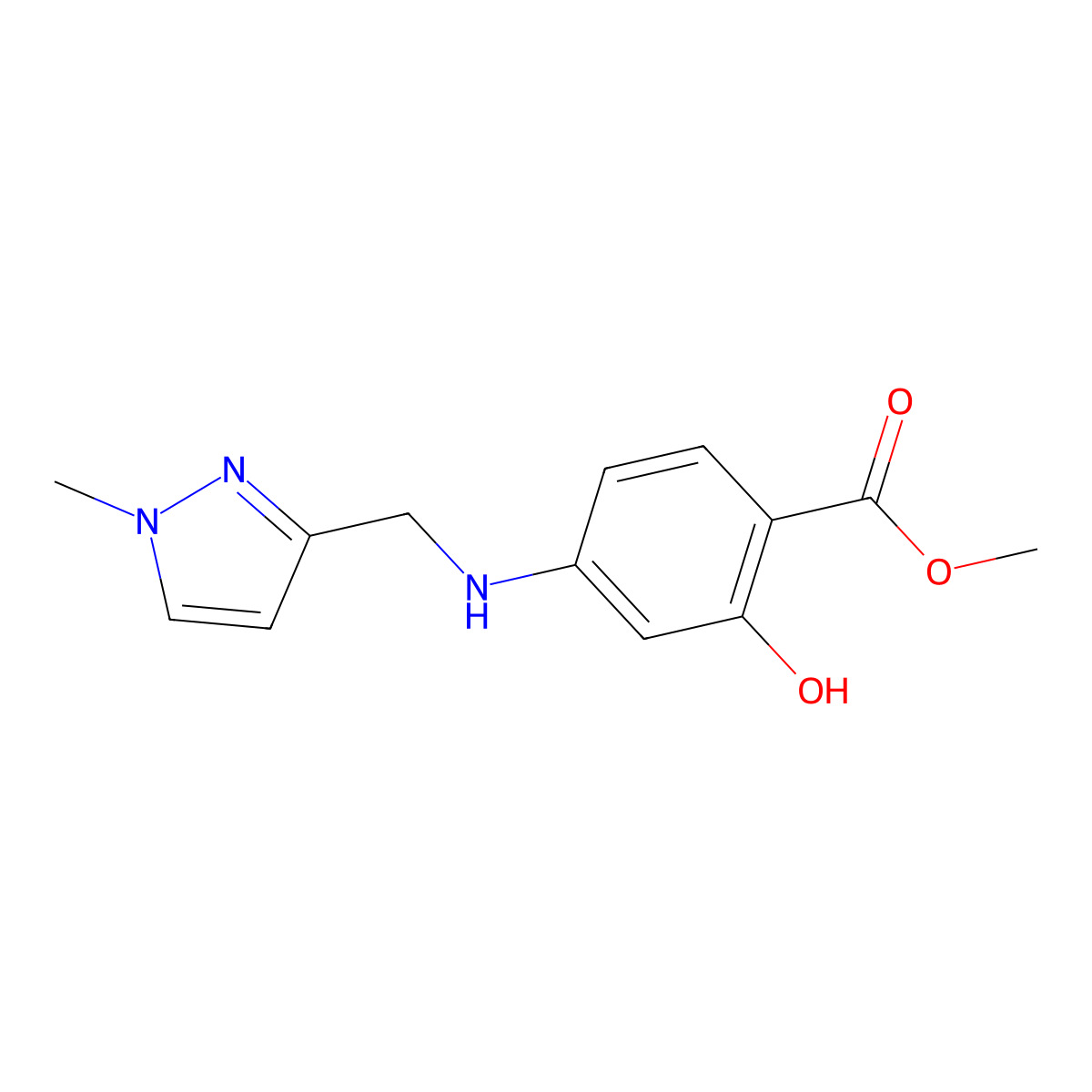 methyl 2-hydroxy-4-{[(1-methyl-1H-pyrazol-3-yl)methyl]amino}benzoate molecular structure, CAS 2639461-11-1