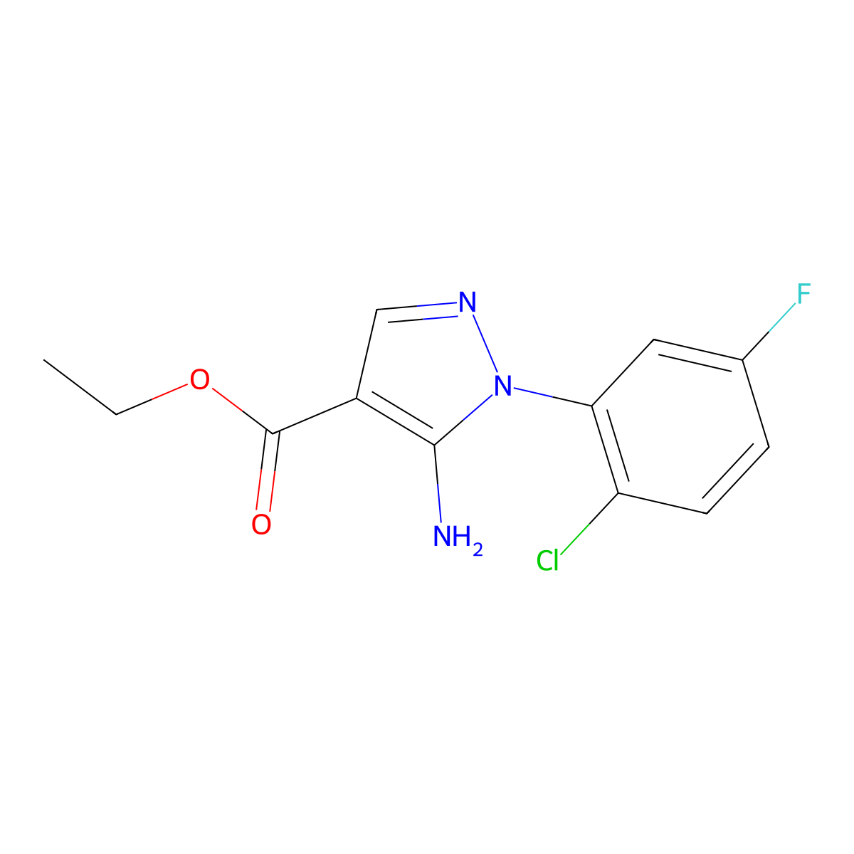 ethyl 5-amino-1-(2-chloro-5-fluorophenyl)-1H-pyrazole-4-carboxylate molecular structure, CAS 2639461-95-1